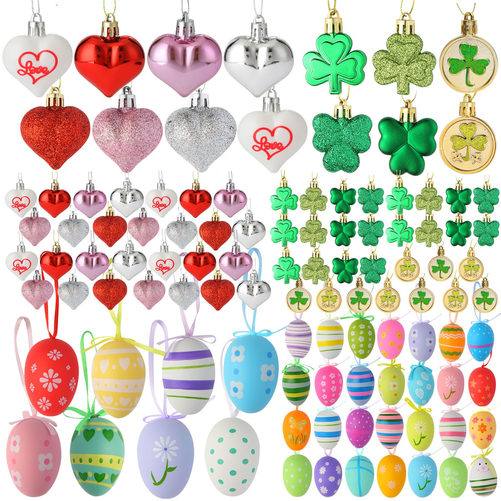 108pcs Valentines Day Tree Decorations Heart Ornaments st Patricks Day Shamrock Ornaments for treees st. Patrick's Day Decorations Easter Trees