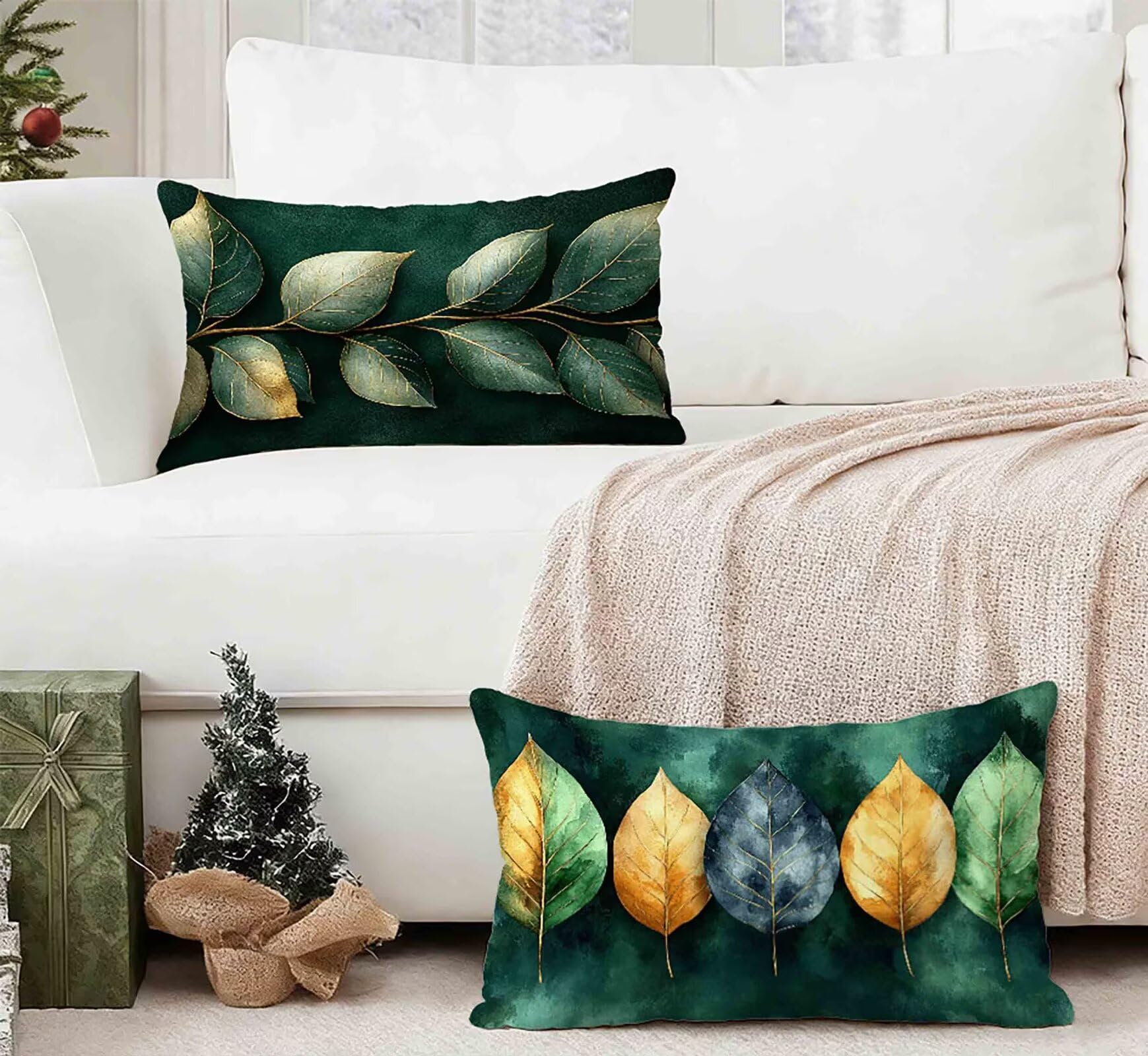 Kissenbezug Senffarbe Kissenbezug 50x80cm 2er Set, Kopfkissen Blätter Kopfkissenbezug Wasserdicht Leinen Design Kissenbezüge Herbstdeko mit Verstecktem Reißverschluss für Deko Schlafzimmer -lsy250127A