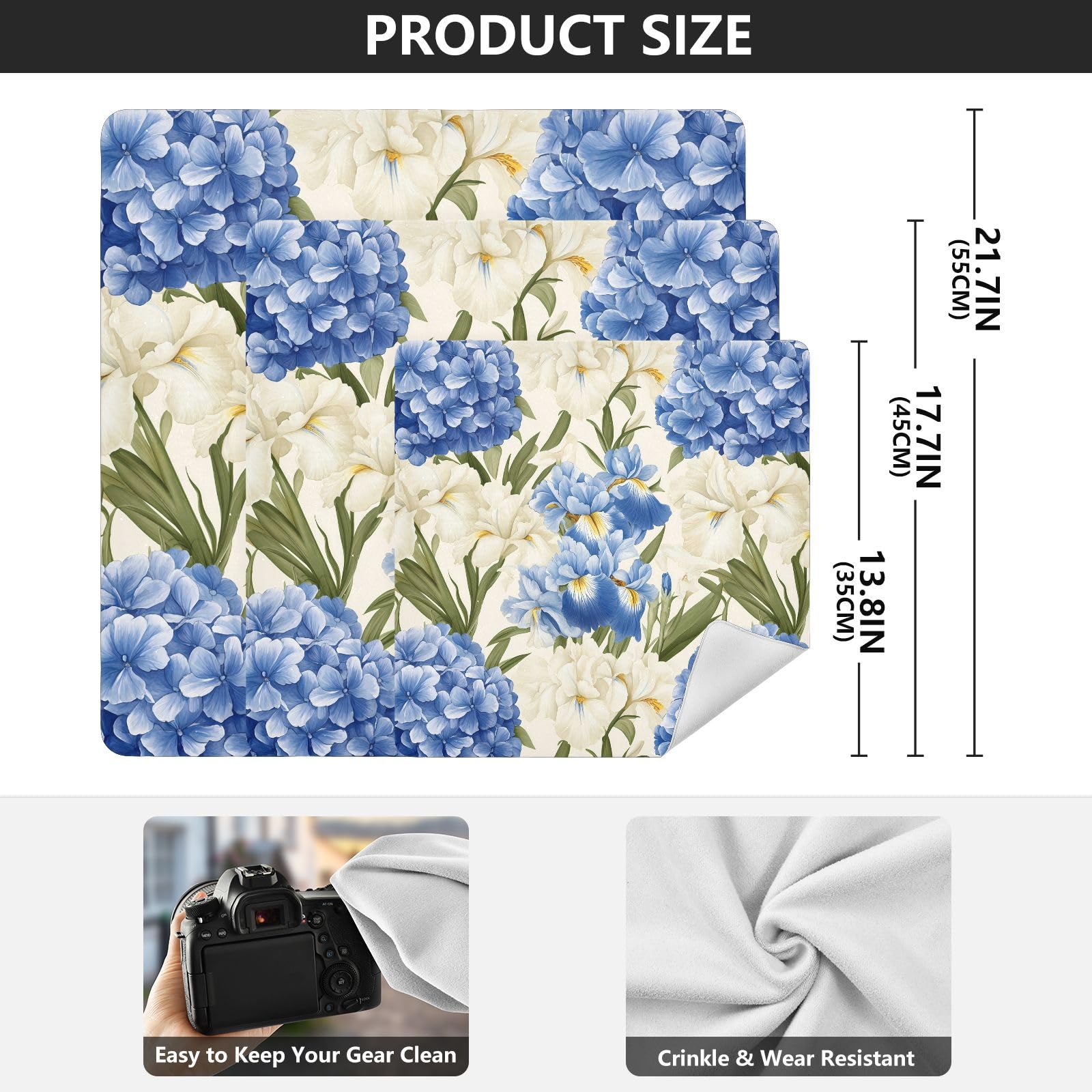 ODAWA Magic Wrapper Cloth 17.7 In, Blue Hydrangea White Iris Flowers Self-adhesive Cloth Protective Camera Wrapper, Easy-Storage Magic Cloths for Camera Tablet Laptop