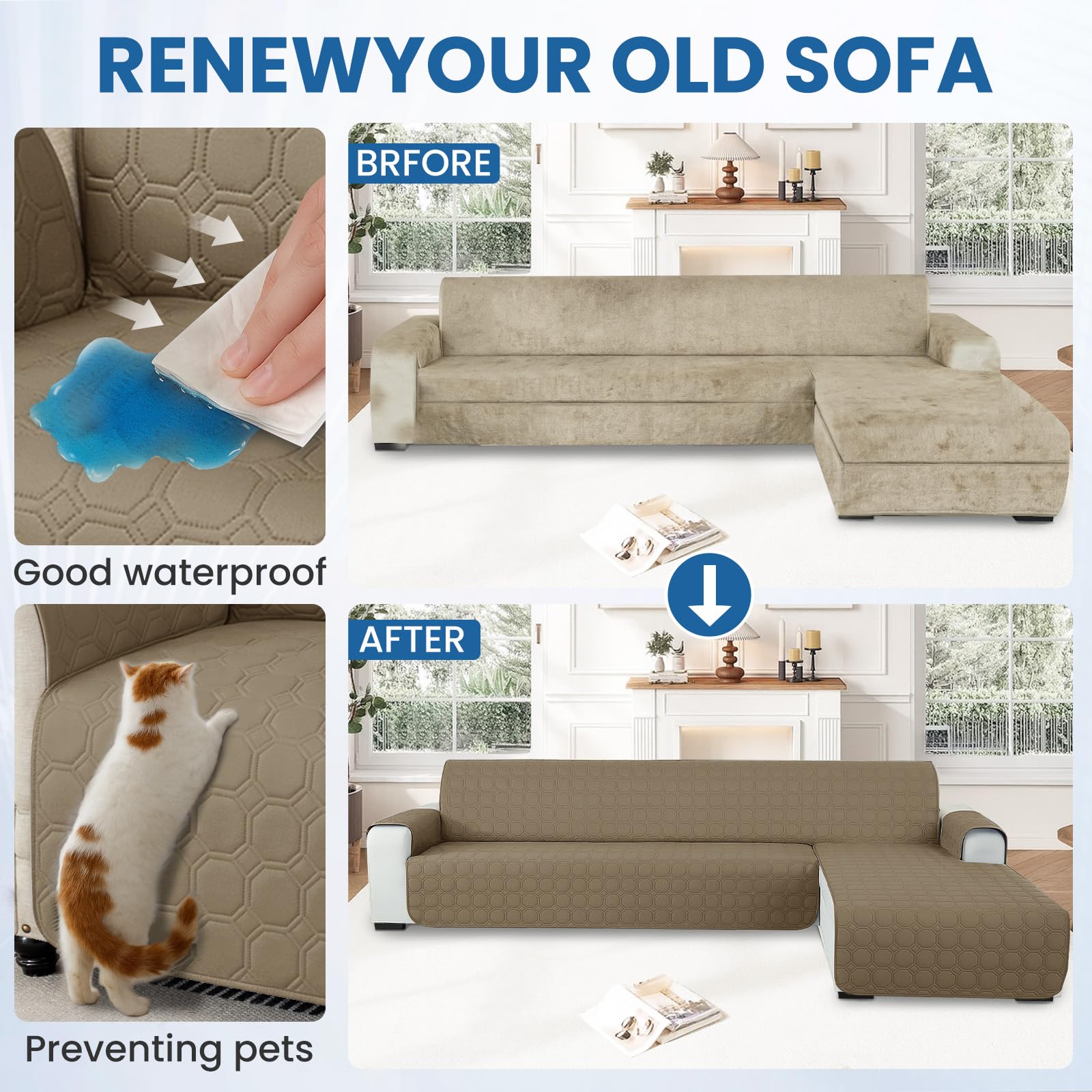 Ystyle Copridivano Impermeabile con Penisola 4 Posti (L 280 CM), Copridivano Angolare Destra/Sinistra Universale Reversibile, Copridivano Chaise longue Antigraffio Antimacchia, Caffè Chiaro