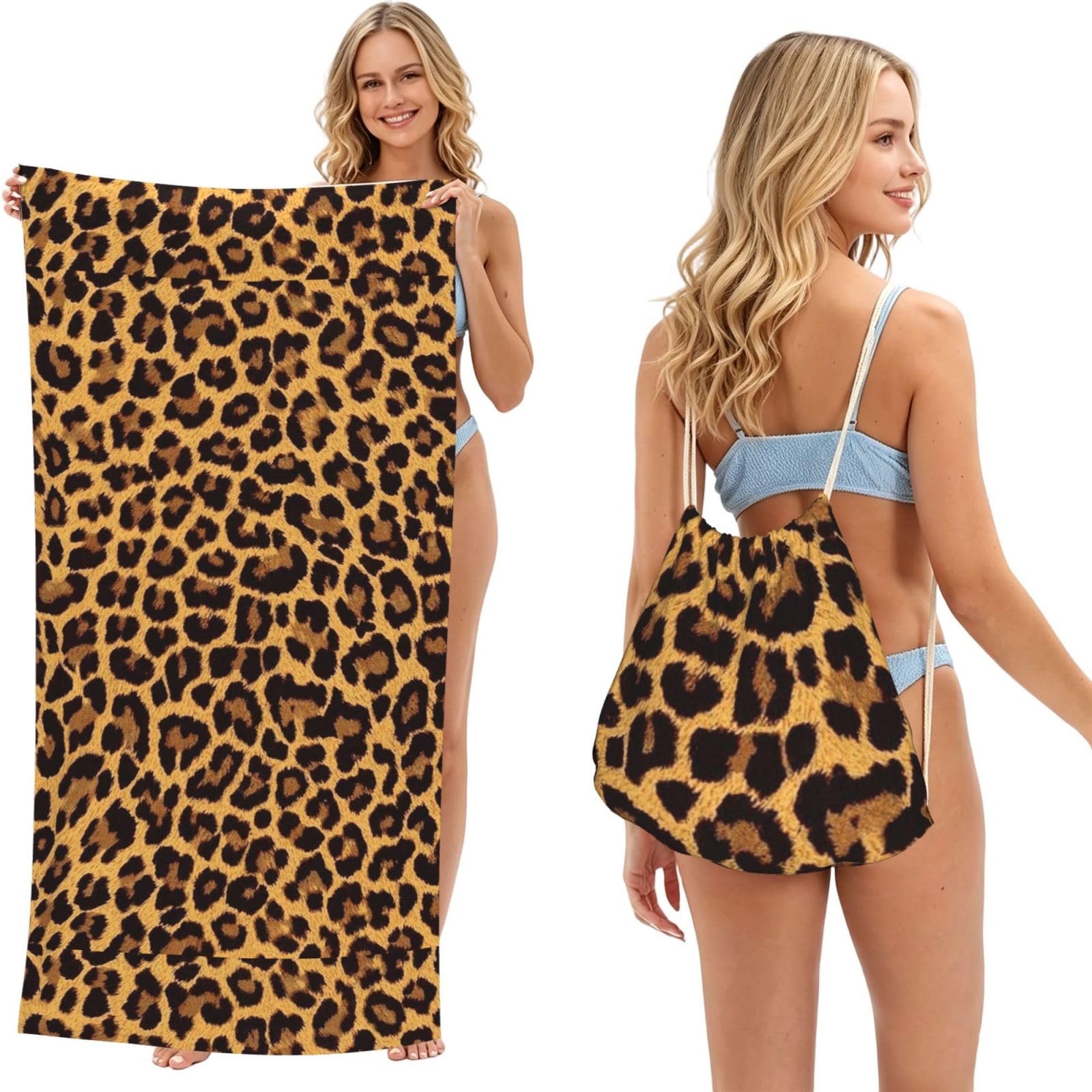 Poadnly As Picture Leopard Print, 2 In 1 Packable Towel Bag, Beach Towels With Drawstring Backpack For Travel Holiday Camping