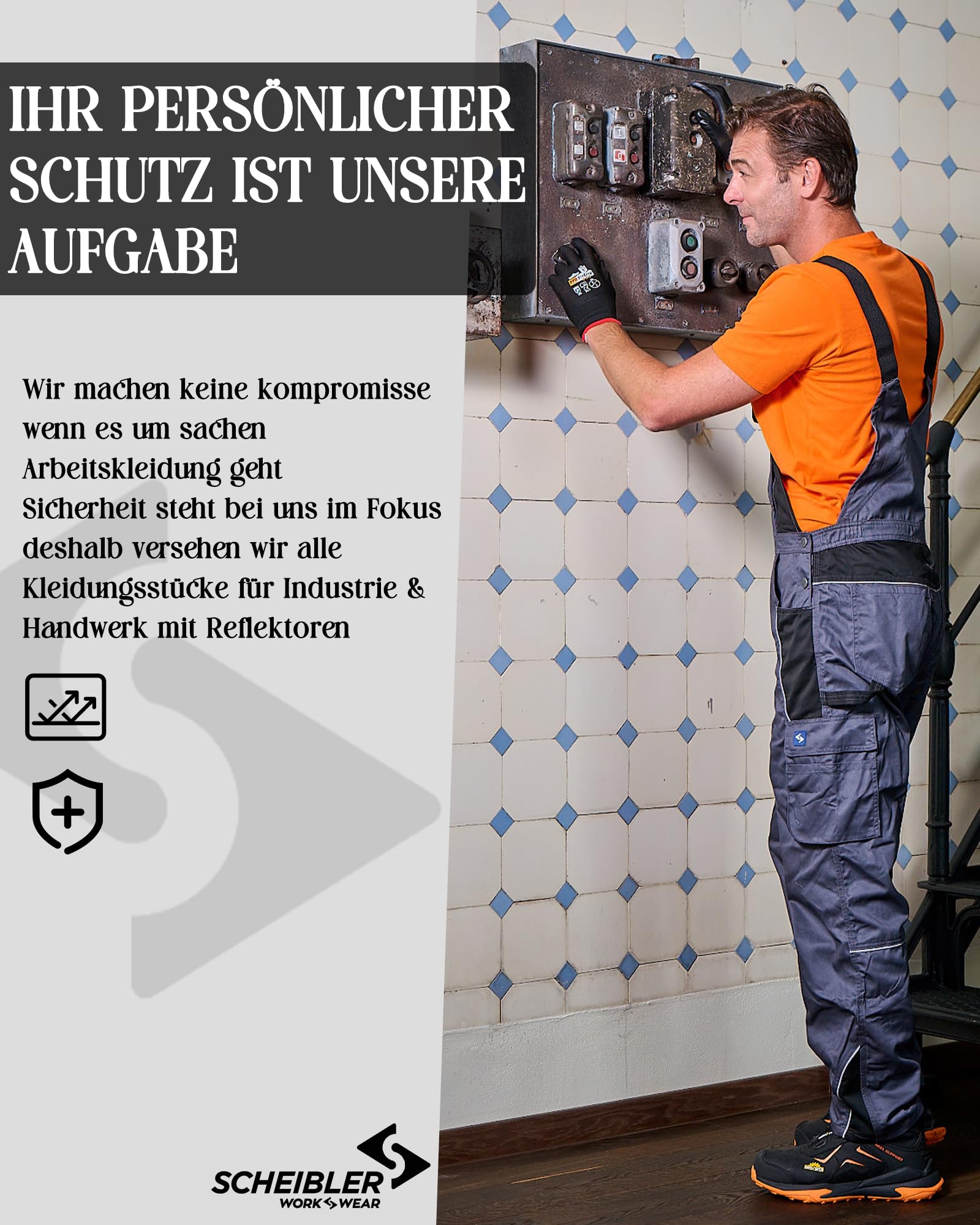 Scheibler Arbeitshosen Männer Reflektierende Workwear Active Latzhose Herren Schnittschutzhose mit elastischen Trägern & vielen Taschen