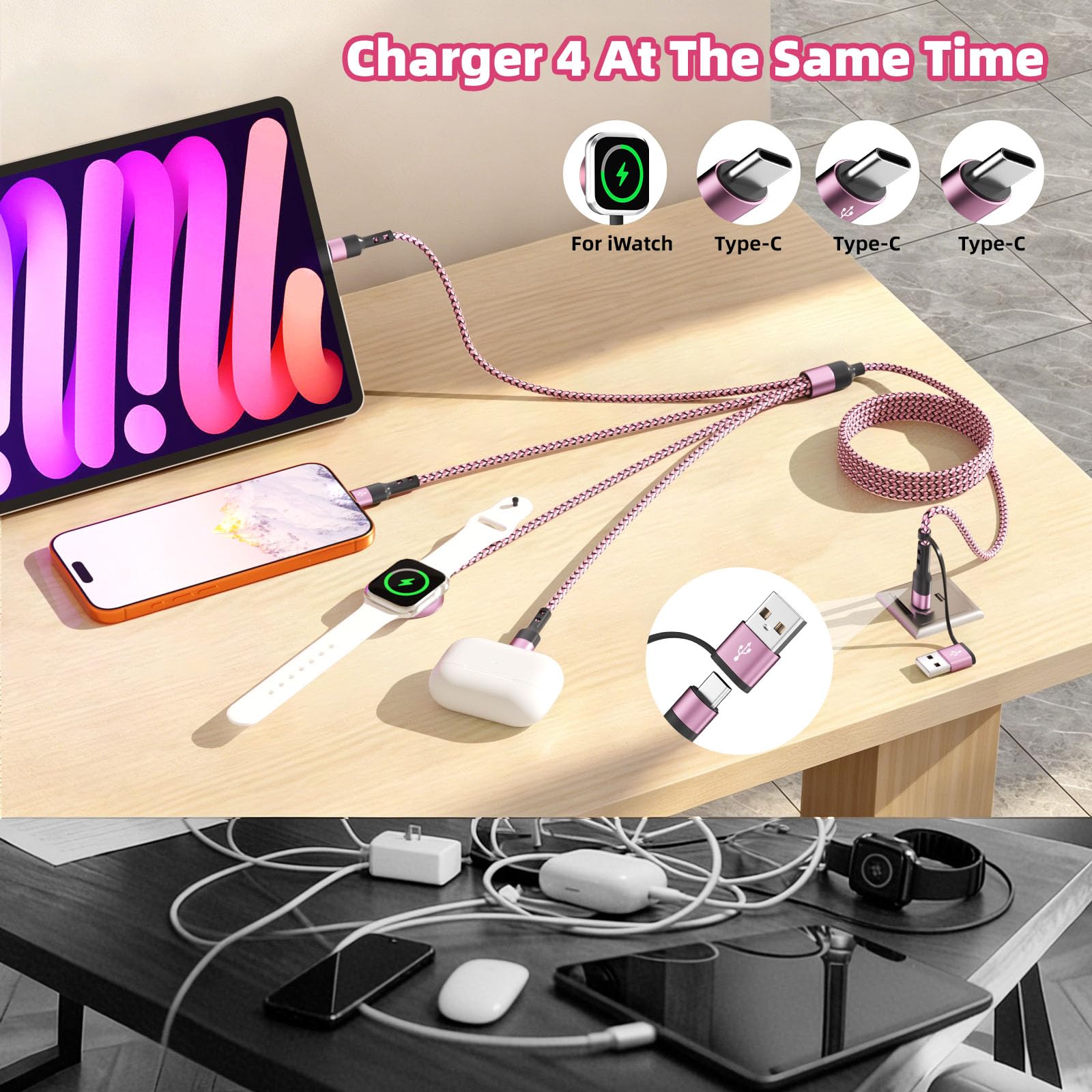 Cavo di ricarica 3 tipo C 4 in 2 per caricabatterie iWatch per telefono, cavo di ricarica multi USB C, accessori da viaggio USB C Splitter Multi cavo di ricarica per iWatch Ultra/SE/11-1, iPhone17 16