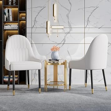 Modern Dining Chairs Set of 2, PU Leather Upholstered Armless Dining Room Chairs with Full Back, Solid Wood Frame & Black Gold Legs for Kitchen & Dining Off White, 2-Pieces