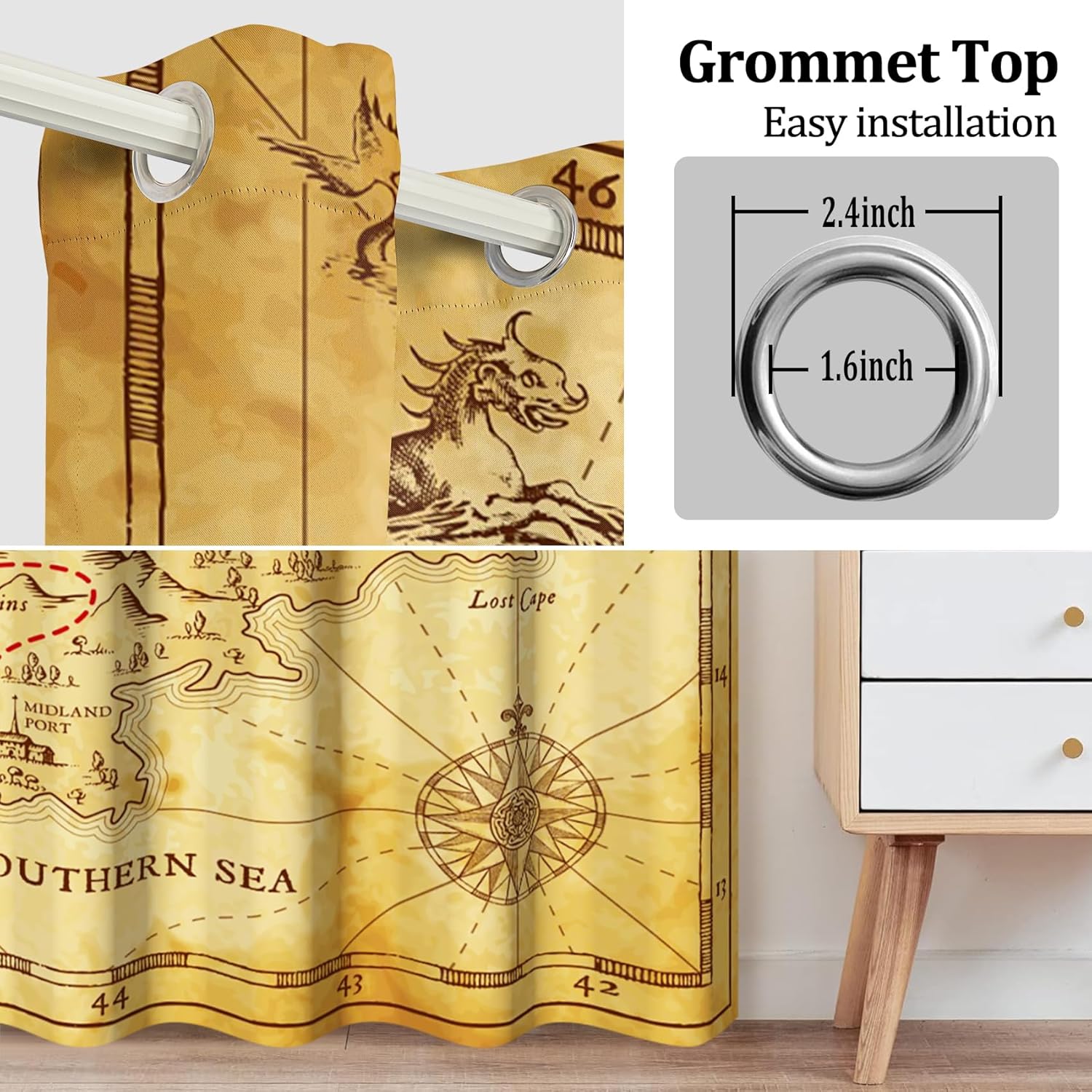 Old Treasure Map Blackout Curtains 3D Print Pirate Window Drapes for Living Room Curtain Panel with Thermal Insulated Grommet,2 Panels,Each W53 xL85