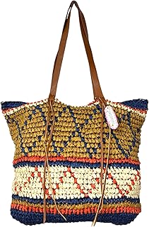 Large (Bohemian Inspired) Textured Handwoven Straw Tote Bag/Summer Beach Bag/Handbag with Double Handle & Zip Closure for Women for vacation