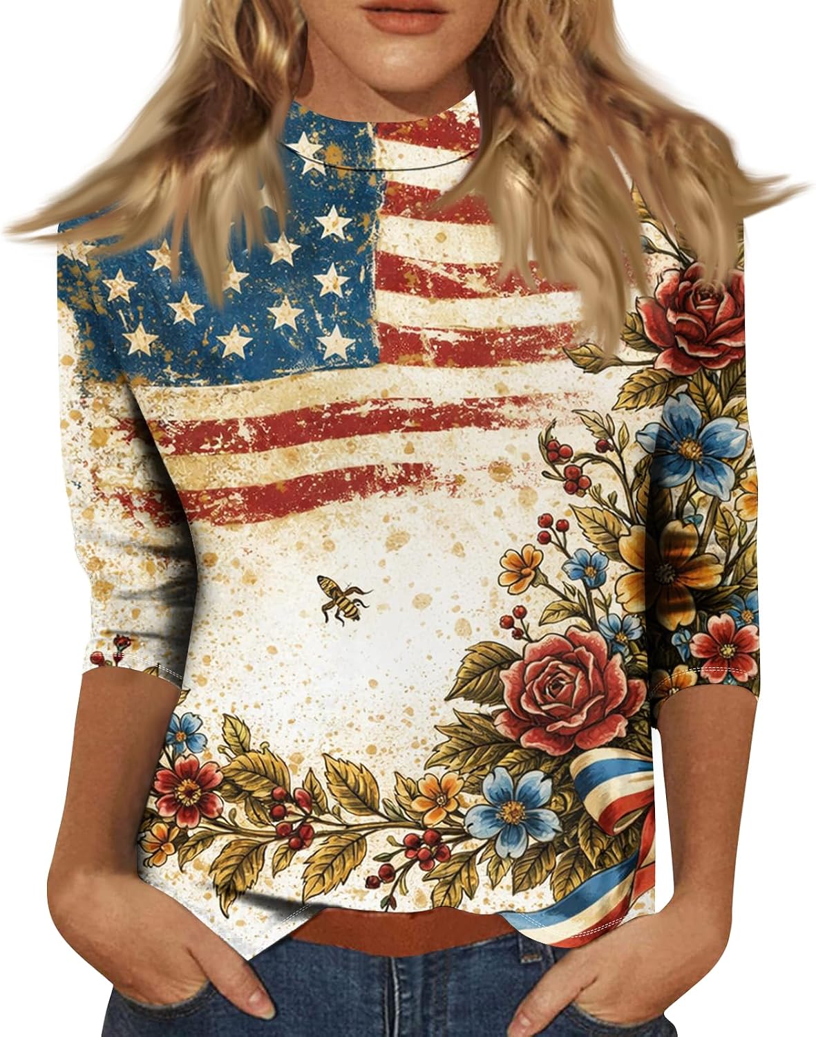 Women's 250 Years America Shirt, 4Th of July Shirt for Women, 3/4 Sleeve Crewneck Patriotic Tops, S-3XL