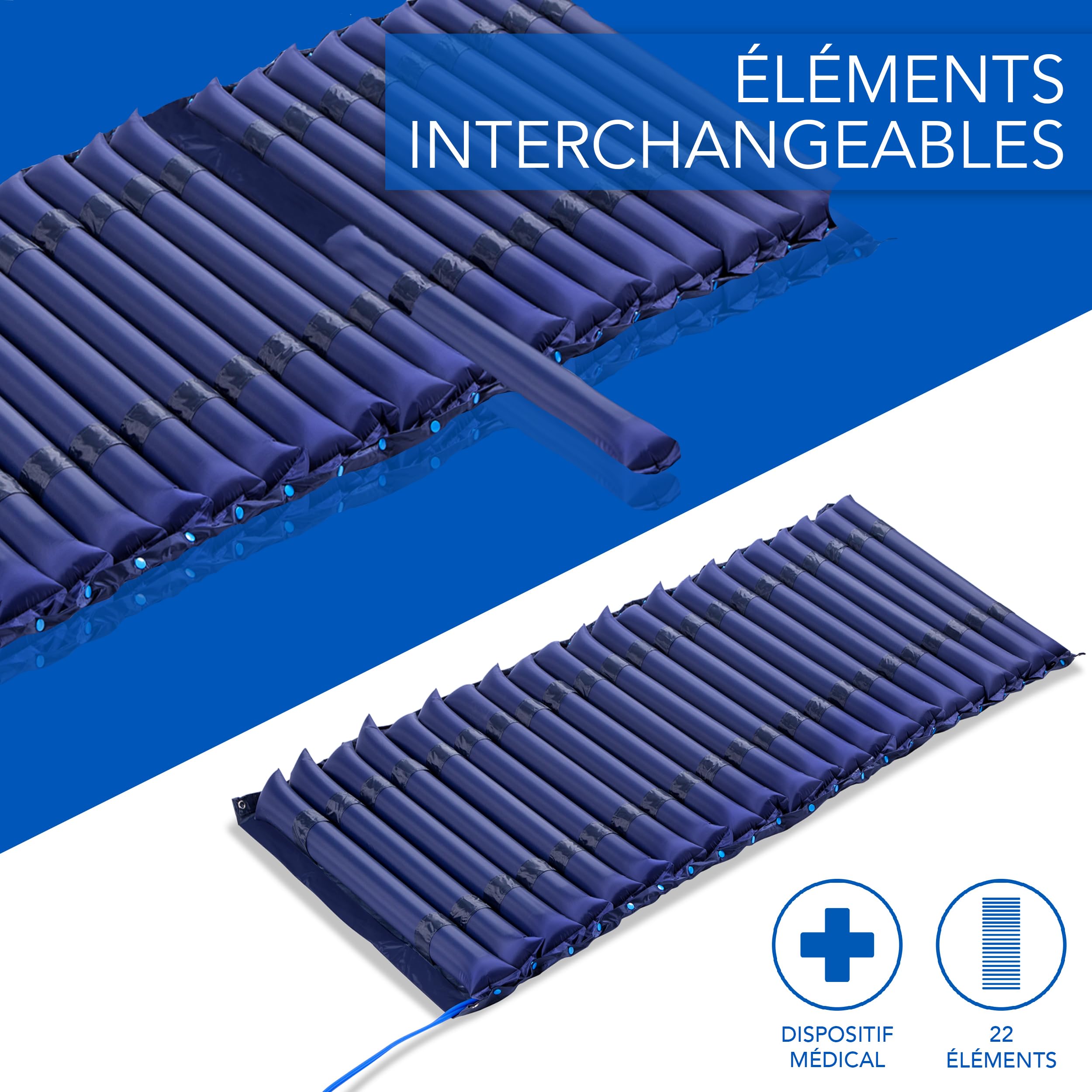 AIESI® Matelas Anti escarres à éléments interchangeables avec compresseur à cycle alterné réglable DOCTOR MATTPLUS, 22 éléments, Capacité 150 Kg, Silent, Garantie 24 mois