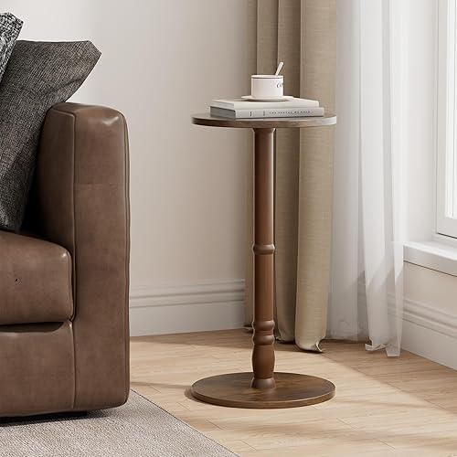 Miniatura 2 de Mesa auxiliar redonda, pilar de madera maciza con parte superior y base de madera, mesa decorativa pequeña para sala de estar, dormitorio, sofá y