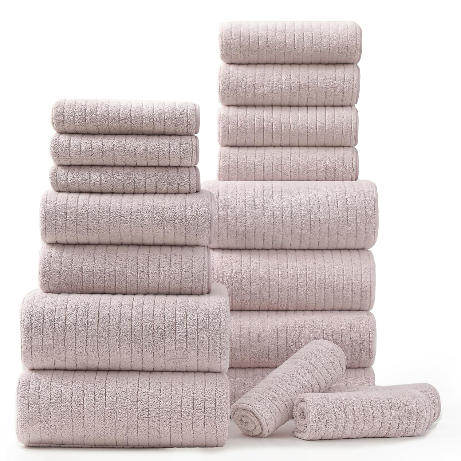 18 Piece Bath Towels Set,Soft Family Bathroom Towel Set with Hanging Loops-6 Bath Towels,6 Hand Towels,6 Washcloths,Highly Absorbent Quick Dry Shower