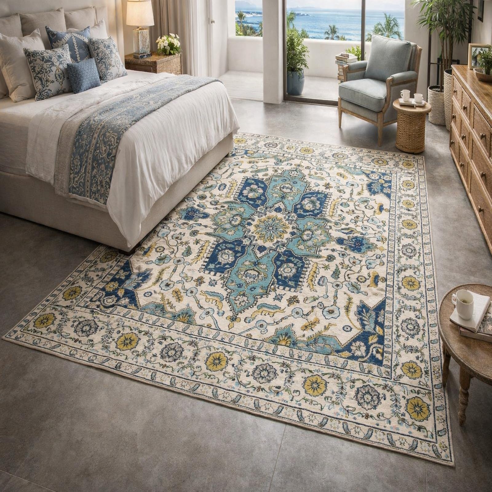 Grand tapis de salon bleu et jaune 200x300 cm géométrique