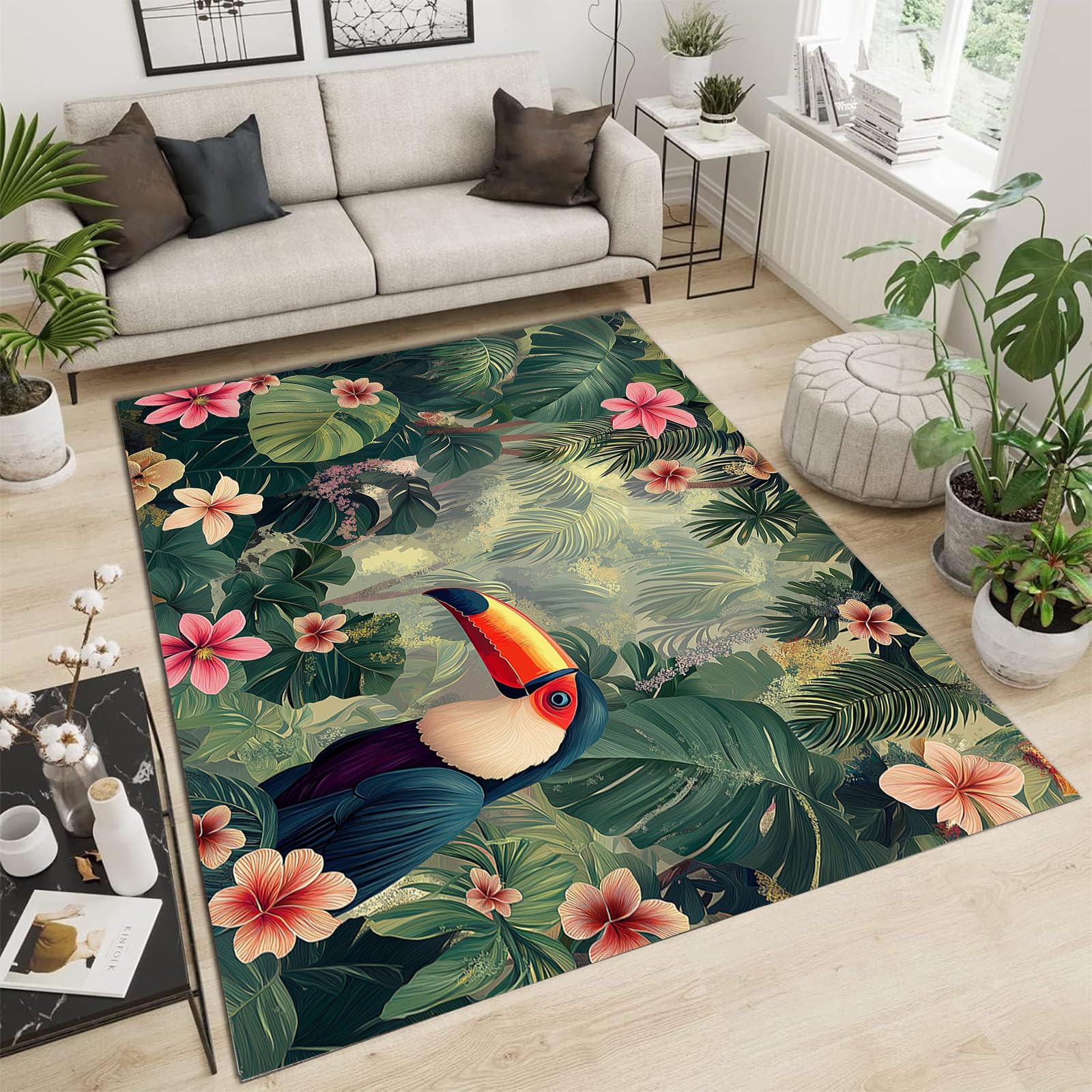 Tapis feuilles de jungle toucan 60x90cm vert sauge antidérapant et lavable