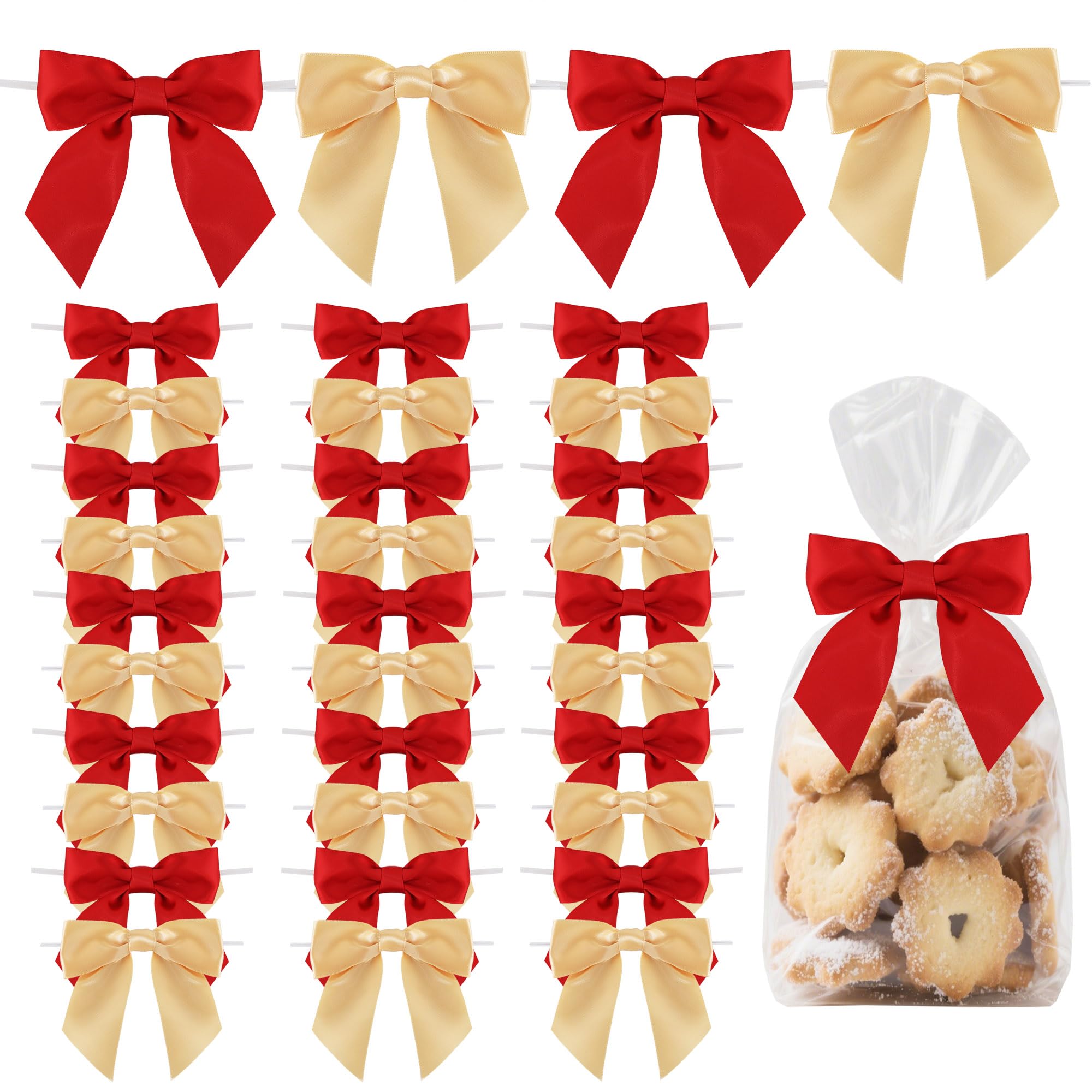 TONIFUL 50pcs Red Gold Satin Ribbon Bows with Twist Tie 4.5 Inch Decorative Bows for Gift Wrapping, Treat Bags Crafts Bottles Christmas Tree Wedding Baby Shower Birthday Party Decorations