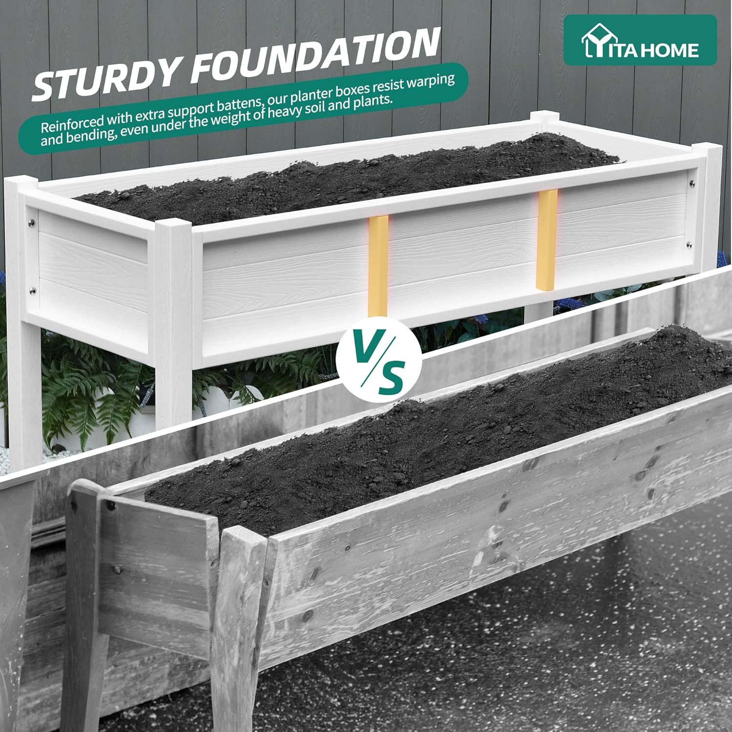 YITAHOME 48x18x30in Raised Garden Bed HDPE, Weather-Resistant Poly Lumber Planter Box with Legs & Storage Shelf, Elevated Garden Bed for Yard, Garden, Balcony - White