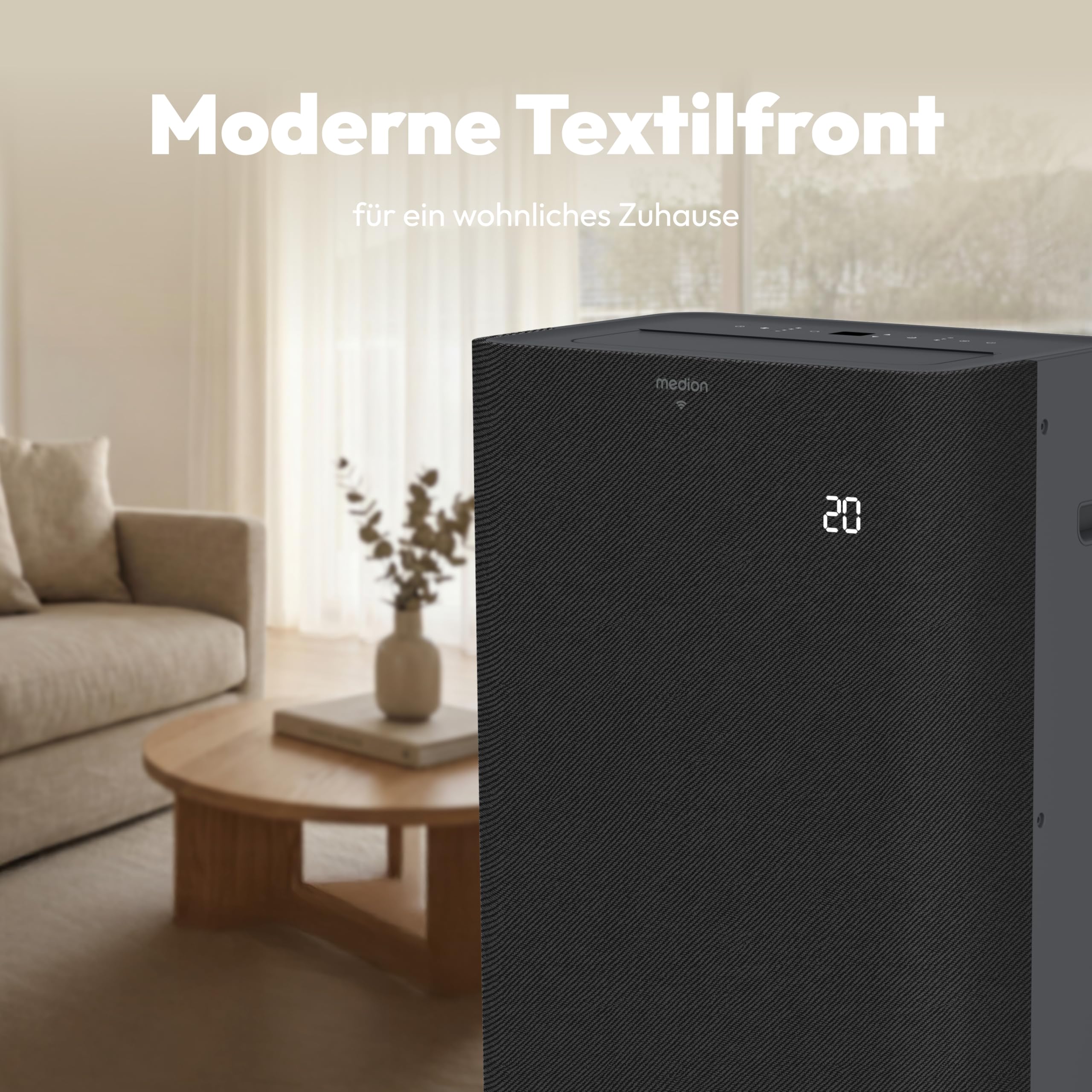 MEDION Smarte Mobile Klimaanlage mit Abluftschlauch P1202 (12000 BTU, mobil, inkl. Fensterabdichtung, bis 42m², 3in1 Kühlen Entfeuchten Ventilieren, App- und Sprachsteuerung, Schlafmodus