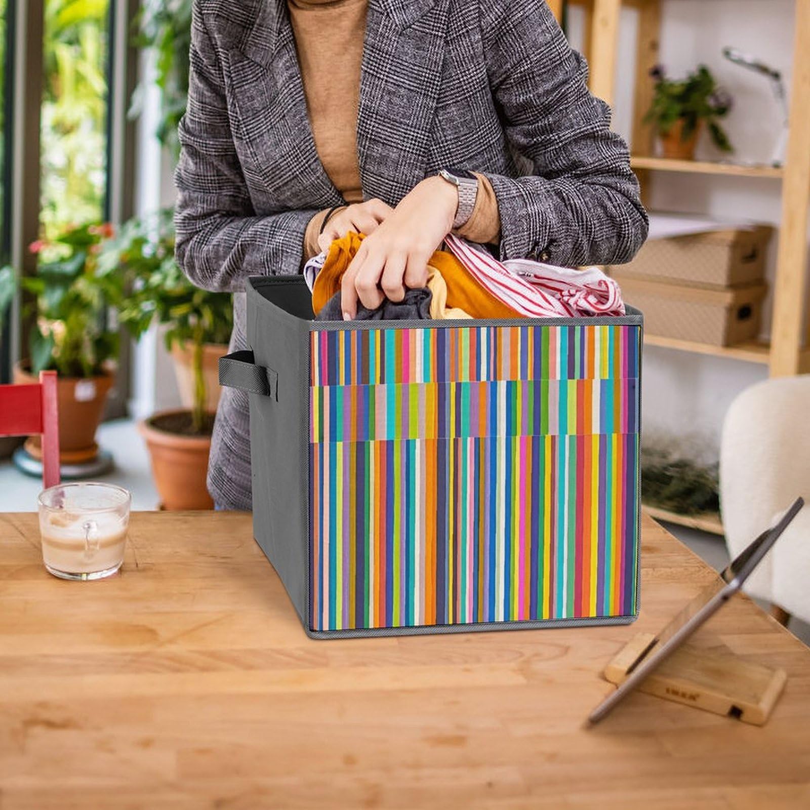 Cubos de almacenamiento de rayas plegables y decorativas de tela para organizar organizadores del hogar con asas, cestas de almacenamiento de tela grandes para estantes para ropa, libros