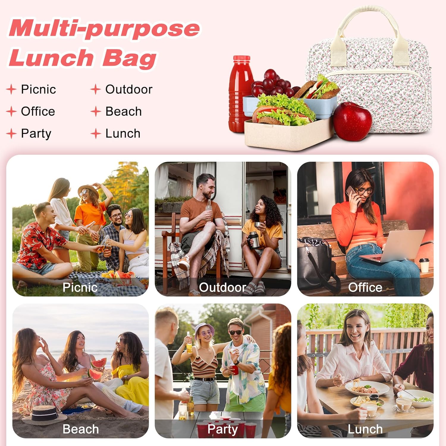 Aileam Insulated Lunch Box for Women Cute Reusable Lunch Bag with Large Capacity Leakproof Portable Tote for Work Picnic Travel Aesthetic Lunch Case for Adults Girls - Image 7