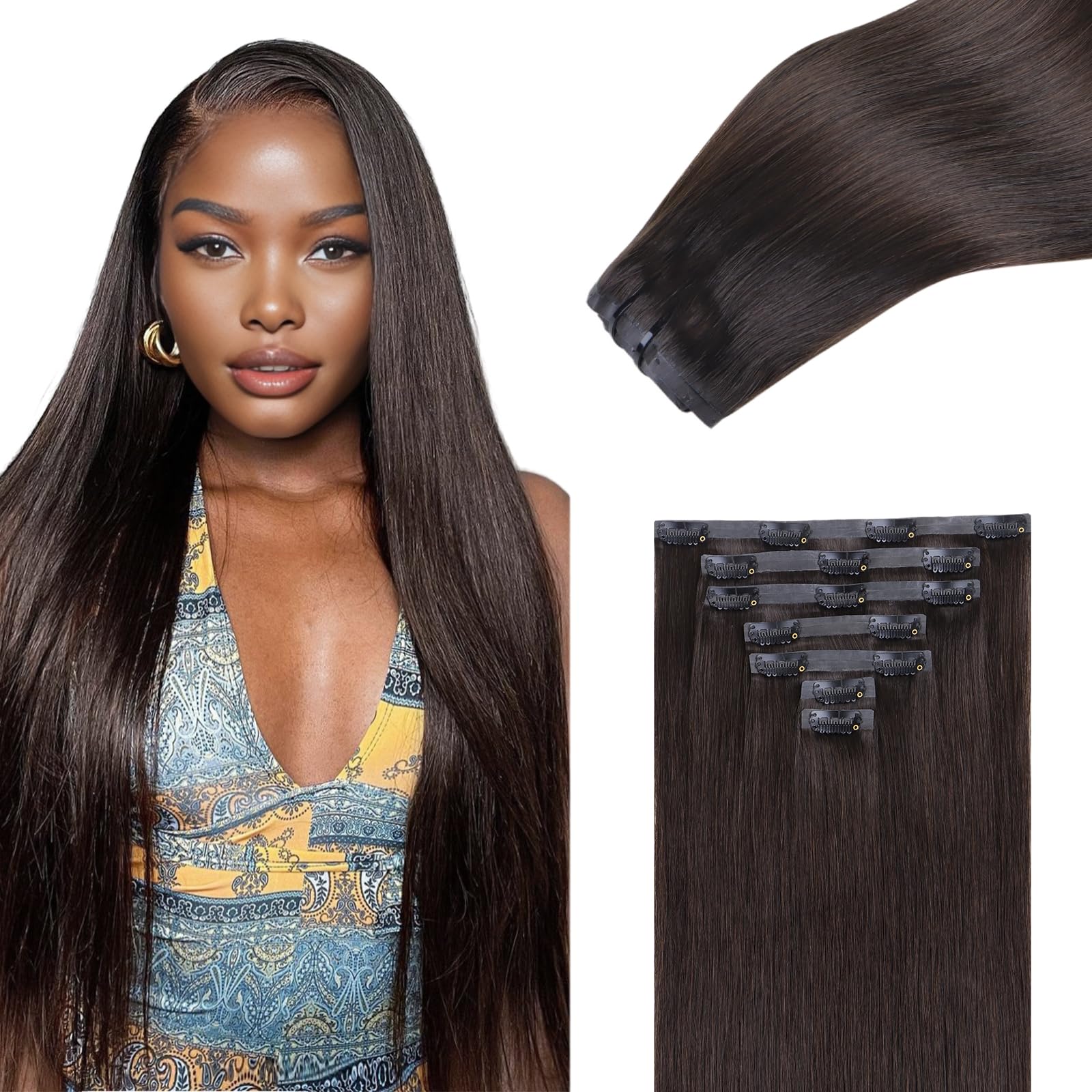 IDN BEAUTY Seamless Clip In Hair Extensions Human Hair Dark Brown Real Remy Virgin Human Hair Seamless Clip Ins For Black Women PU Weft Invisible Edge