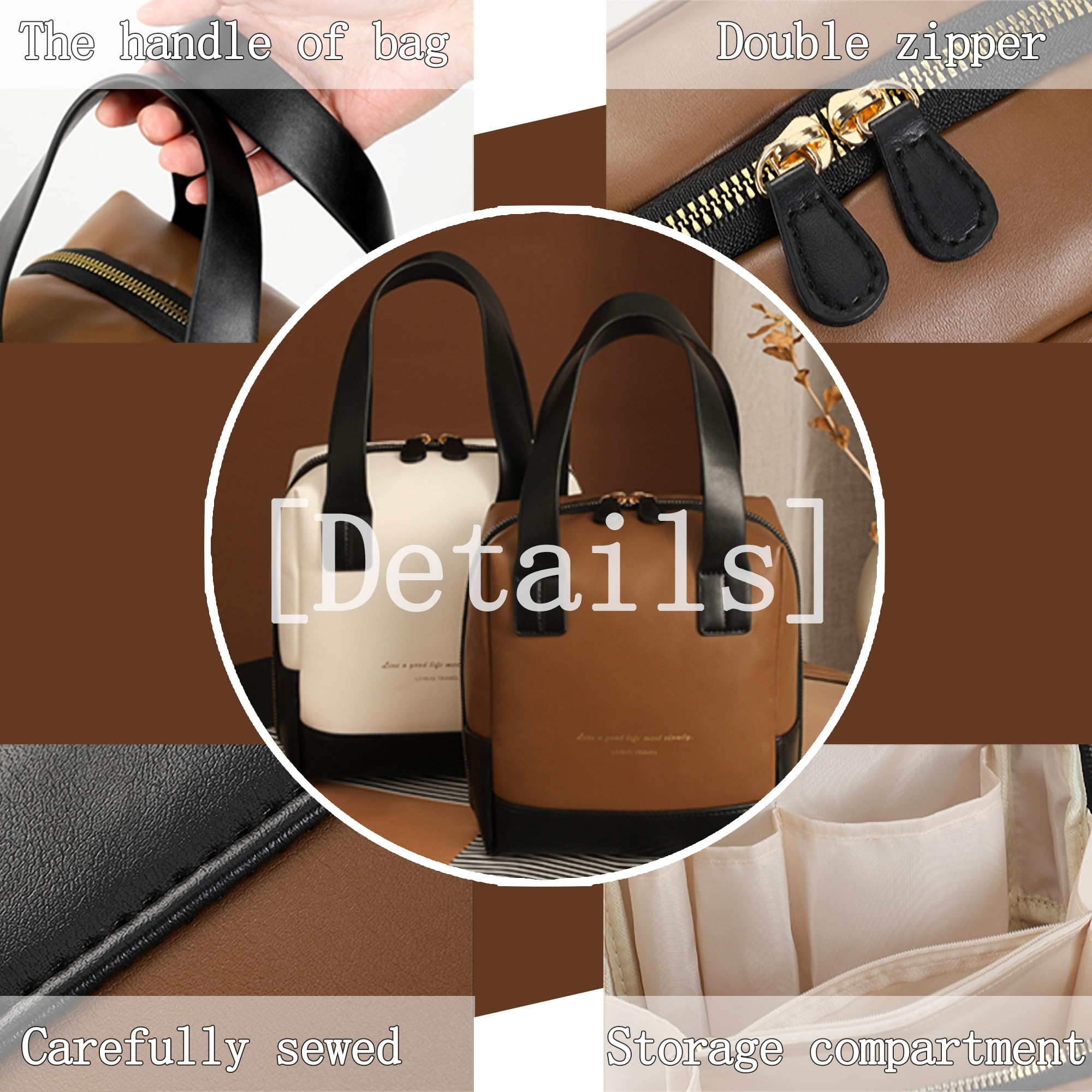 Minimalist Retro Style Makeup Bag for Women Girls Travel-Waterproof PU Leather Cosmetic Organiser for Makeup Brushes&Nail Polish/Portable Toiletry Bag with Zipper/Essentials Handbag - Image 3