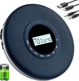 Leitor de CD portátil Disman, reprodutor de CD para carro, reprodutor de música de CD pessoal alimentado por bateria com conector para fones de ouvido, bateria embutida de 1000 mAh, cabo auxiliar/slot