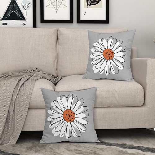 Miniatura 3 de Juego de 2 fundas de almohada de margaritas naranjas y blancas de 18 x 18 pulgadas, para primavera y verano, color gris y gris, fundas decorativas