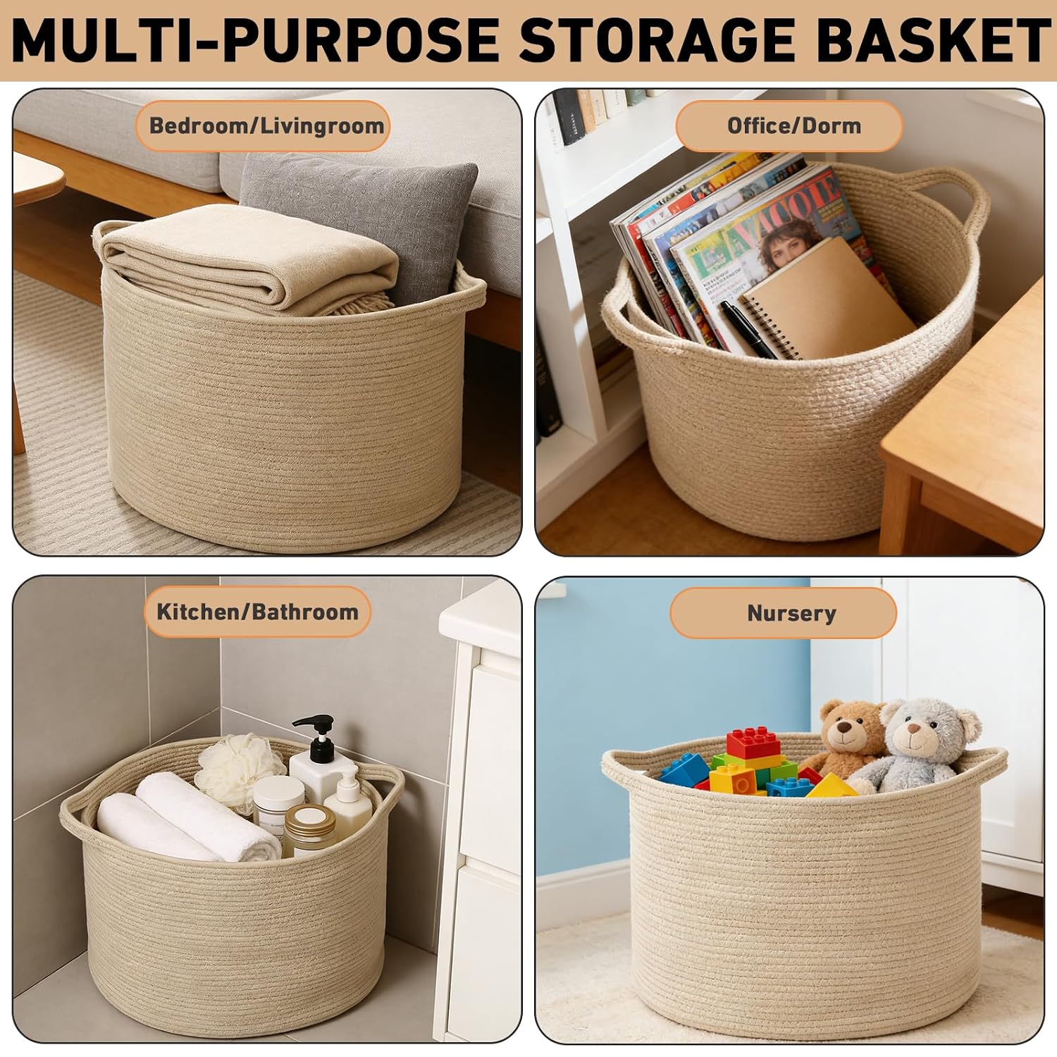 65L Large Blanket Basket,Woven Rope Laundry Basket Hamper with Handles,Decorative Nursery Basket Storage Bin for Toys, Pillows , Clothes Organizer, Living Room, Bedroom, Bathroom, Camel