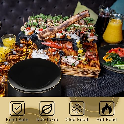 Miniatura 3 de Ziliny 50 platos de plástico negro con diseño de borde dorado, elegantes platos de postre negros para fiestas, platos llanos desechables a granel,