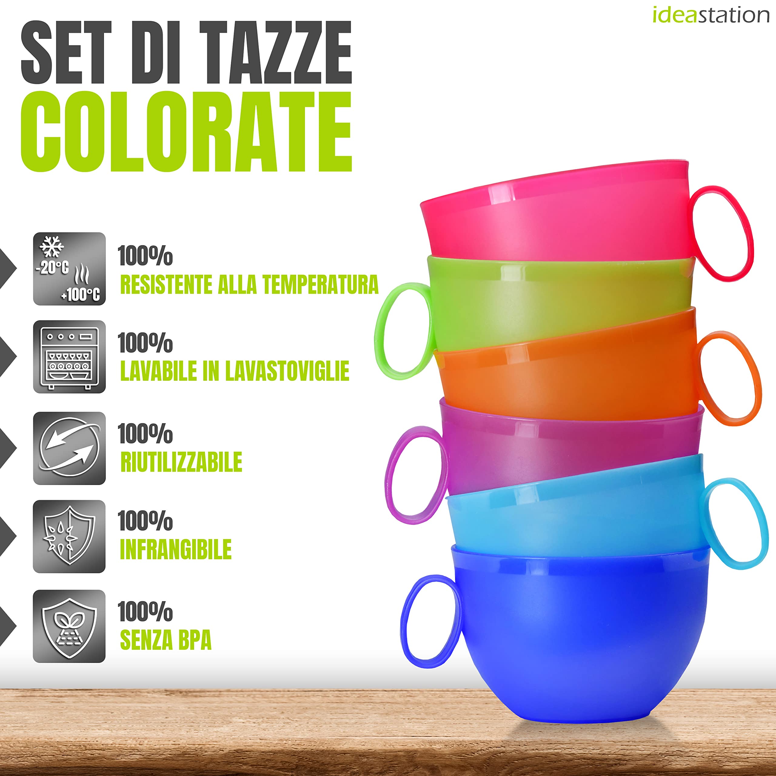 NEO tazza plastica con coperchio 6 x 500 ml set riutilizzabile infrangibile per colazione