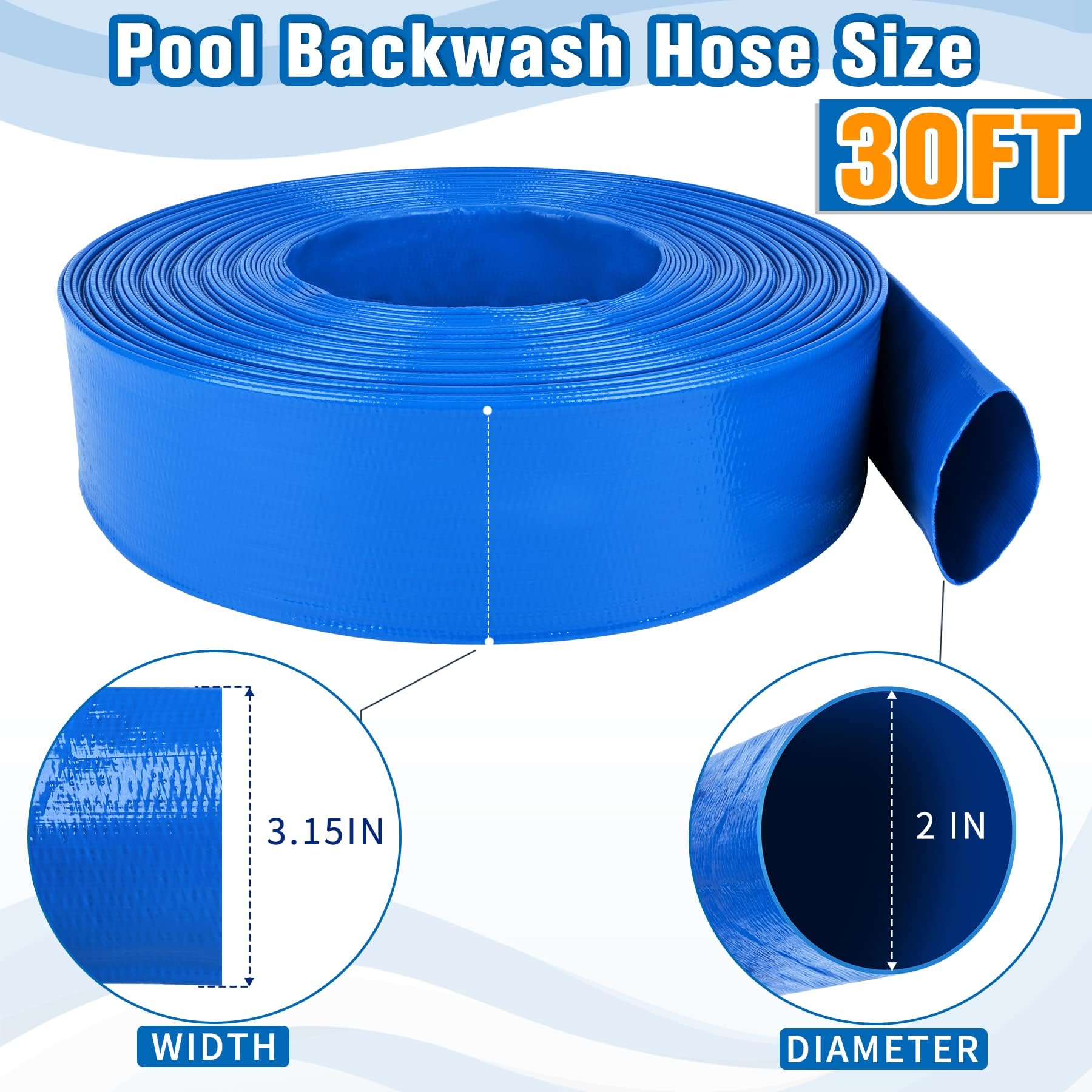 Tubo per Controlavaggio per Piscina, 5CM x 10 M Tubo Flessibile di Scarico Piatto, Tubo di Scarico per Controlavaggio con 2 Clip, Tubo Piatto in Tessuto PVC per Pompe Sommerse e Pompe dell'Acqua