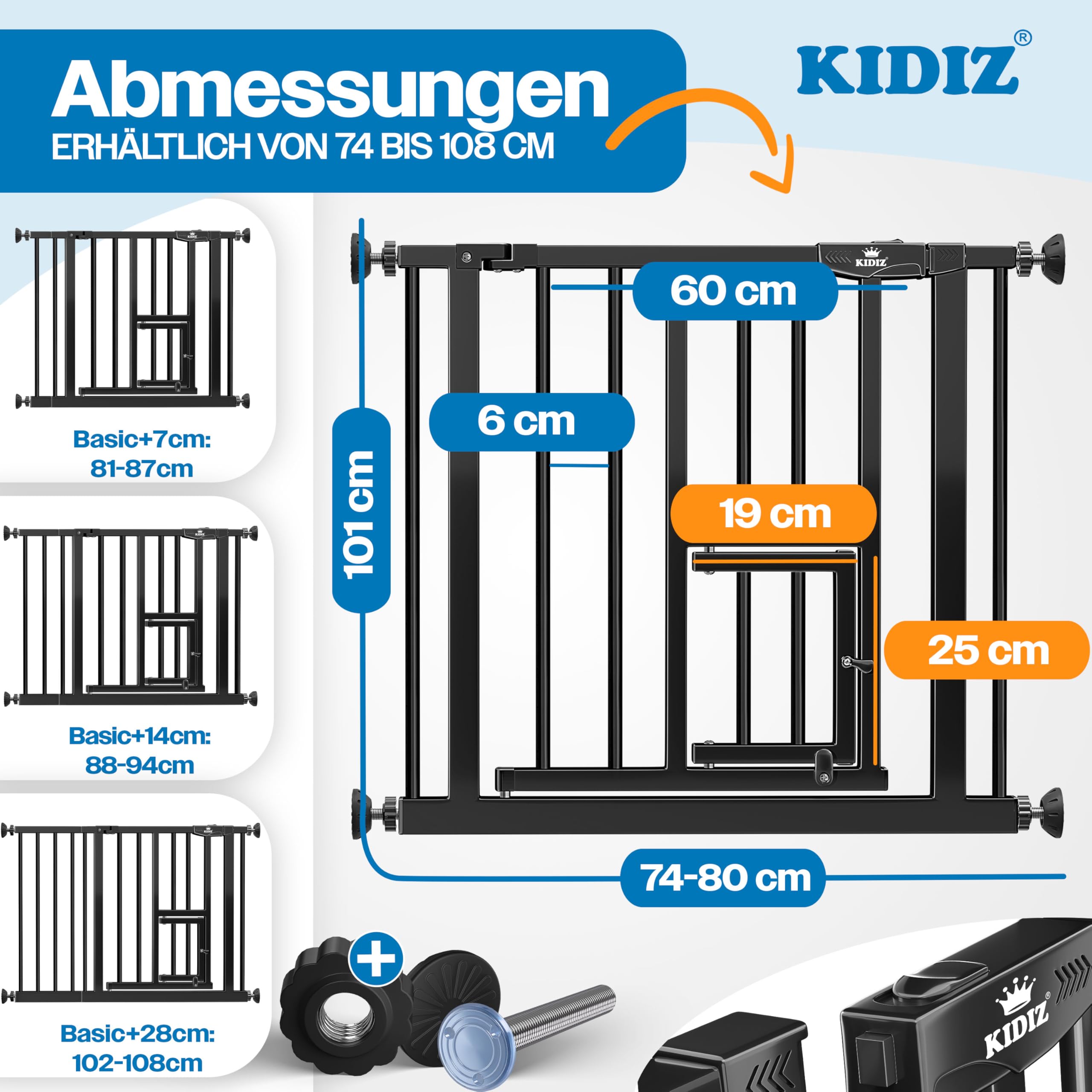 KIDIZ® Cancelletto di Sicurezza per porte, Cancelletto per Bambini, con Porta per Cani e Gatti, senza foratura, espandibile, combinabile con i mandrini a Y, girevole, 74-87 cm - Nero