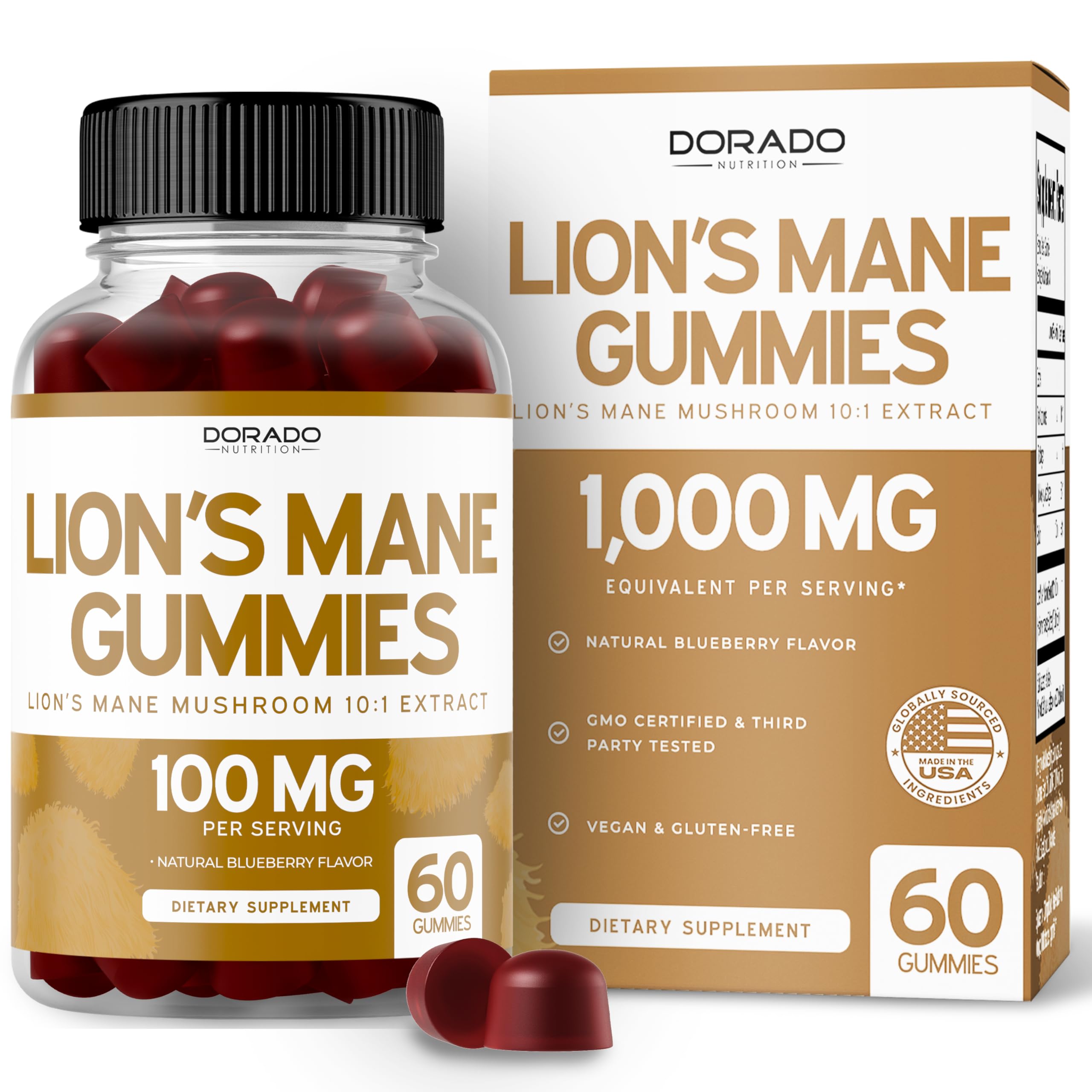 Lions Mane Mushroom Gummies (60 Count) Focus Gummies & Brain Mushroom Supplement for Adults - Delicious Blueberry Flavor - Premium Lions Mane Supplement - Third Party Tested, Vegan Safe & USA Made