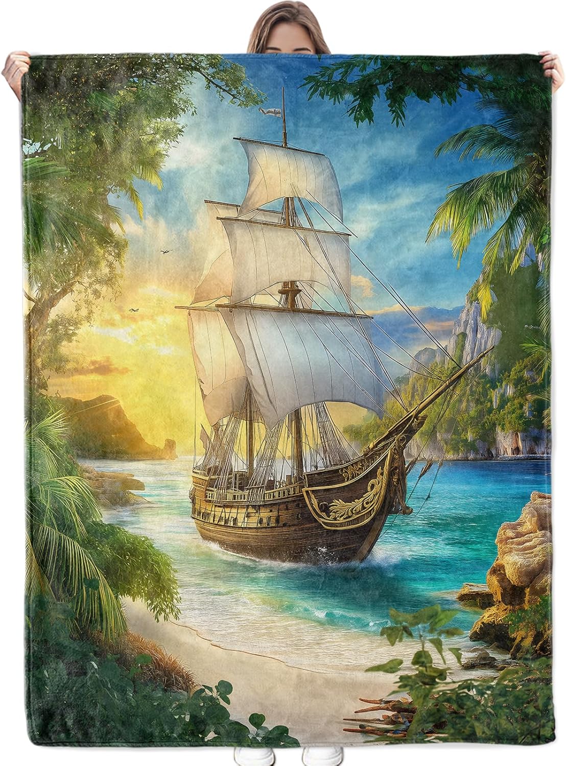 Ship Throw Flannel Blanket,Warm and Lightweight Decorative Blankets for Travel,Couch,Bed,Picnic,Ocean and Sunset Design Throws,Ideal Gifts for Adults,Men,Nautical Lovers,60"x50"