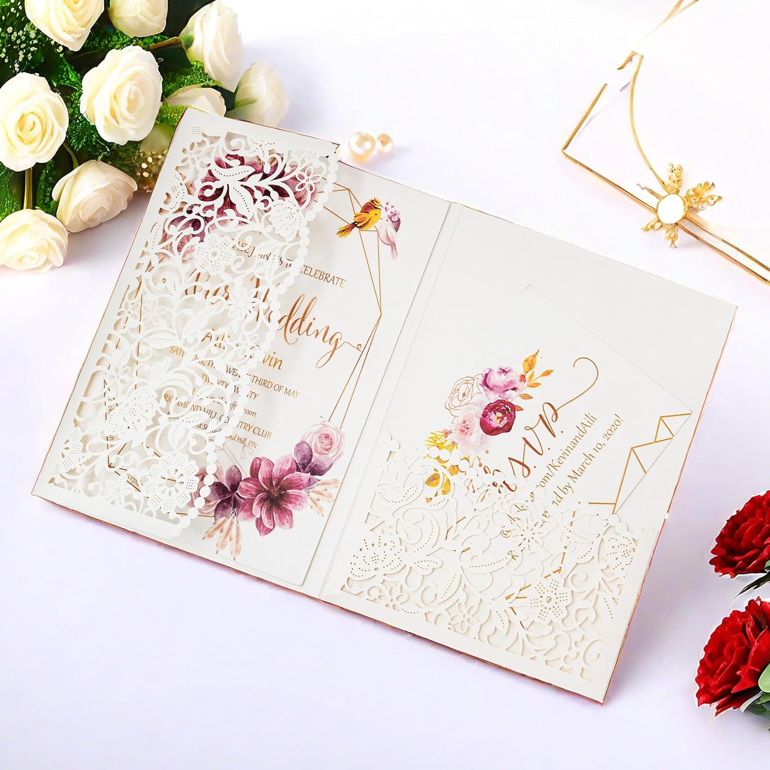 20 pcs Laser Cut Invitations Cards Pockets with Ribbons Floral Design for Wedding Party Bridal Shower Birthday Quinceañera Invite 5.12 by 7.24 inches (Ivory)