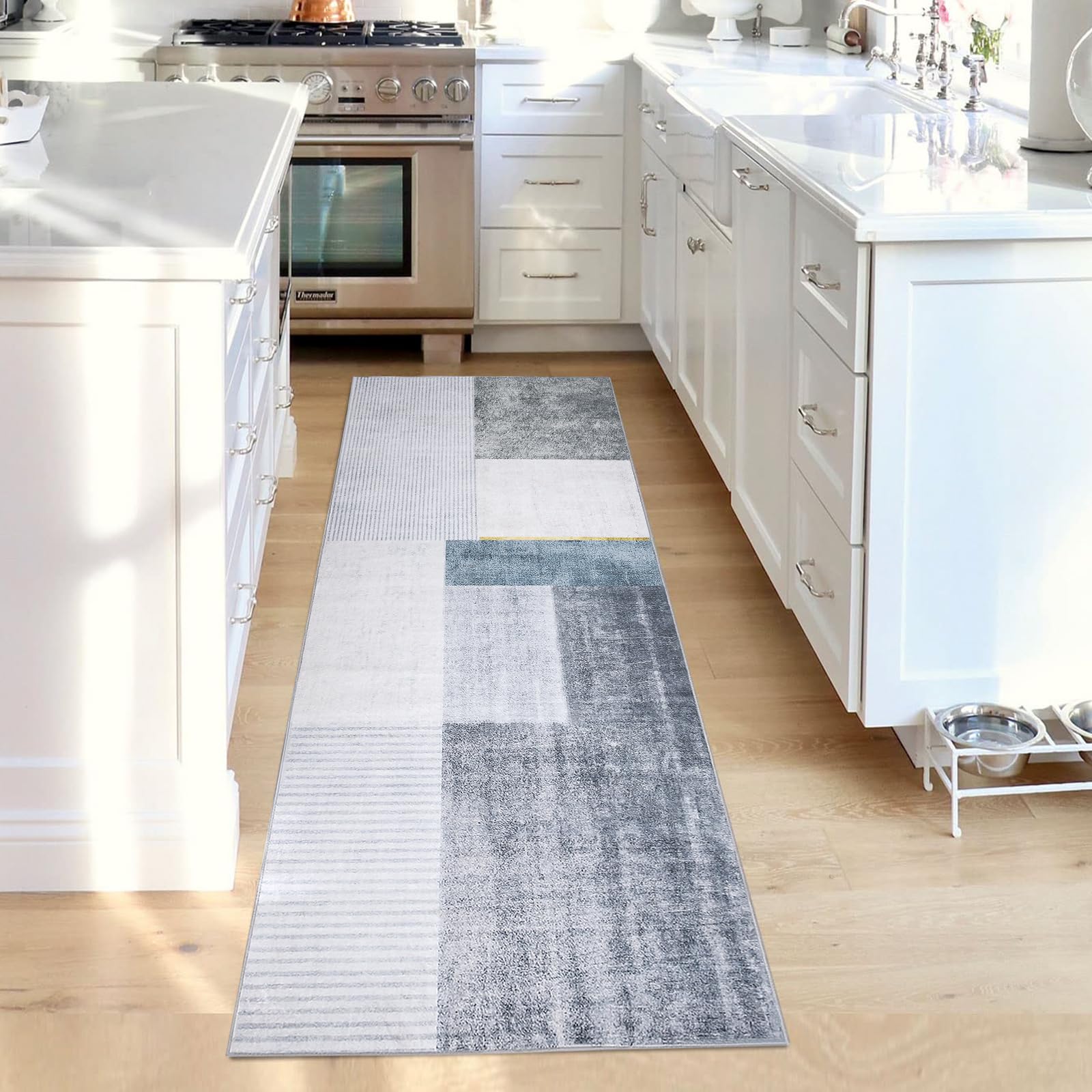 Calore Carpet Runner Rug for Hallway Runner Carpet Non Slip Washable Soft Hallway Rug Long Modern Abstract Low Pile Runner Rug for Bedroom Kitchen Home Decor (Grey/Blue/Gold, 60 x 180 cm)