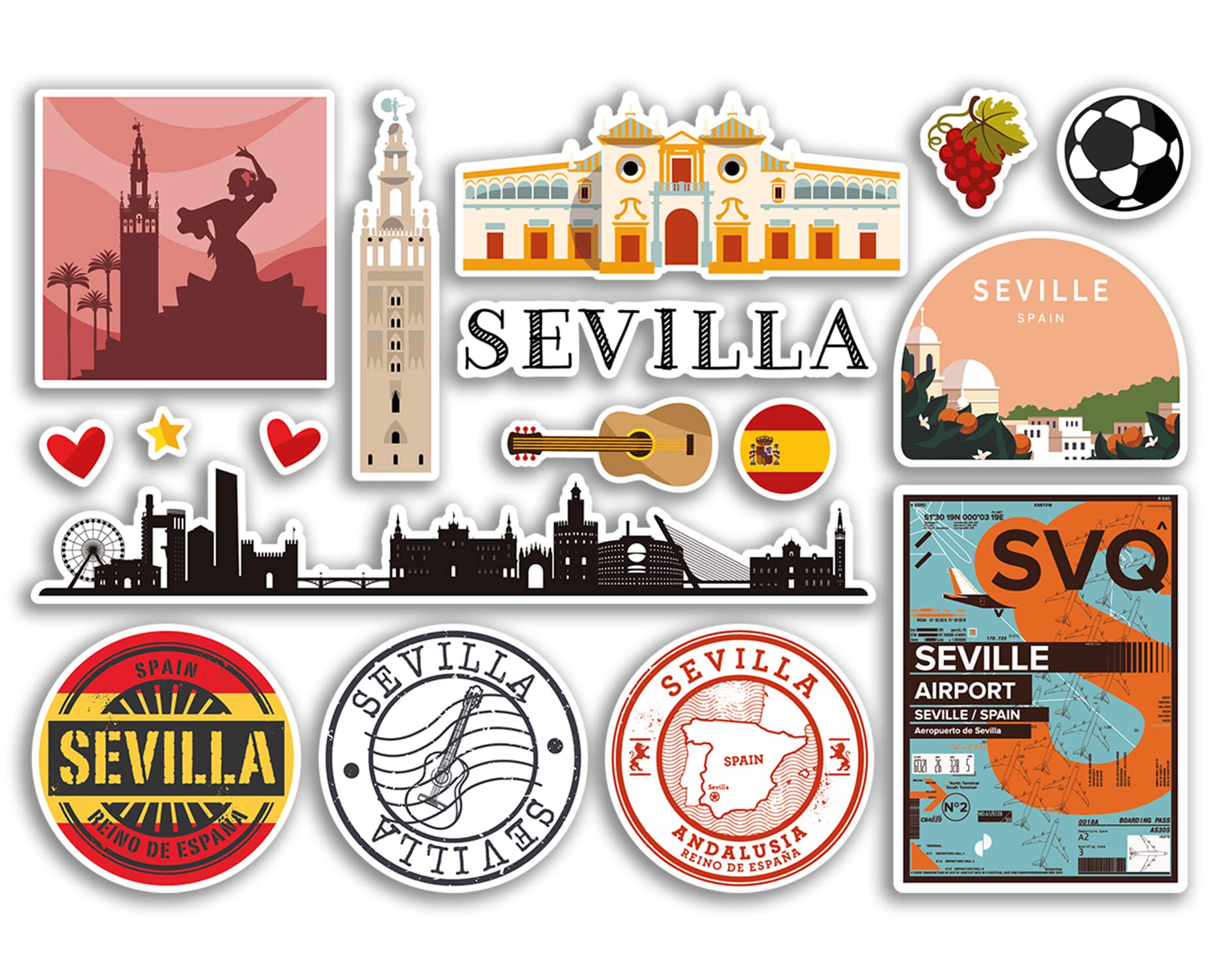 Dv Design Multi A5 Sticker Sheet Sevilla Landmarks Vinyl Stickers - Spain Spanish Airport Stamps Skyline Flag Map Travel Holiday Scrapbooking City Luggage #79138