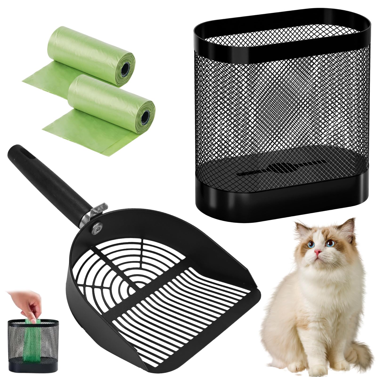 TW1TGOFT Metal Cat Litter Scoop Set - Cat Poop Scoop with Holder & Mesh Bin & Waste Bags Litter Scooper Set Portable Durable Large Capacity for Daily Cat Litter Cleaning (Black)