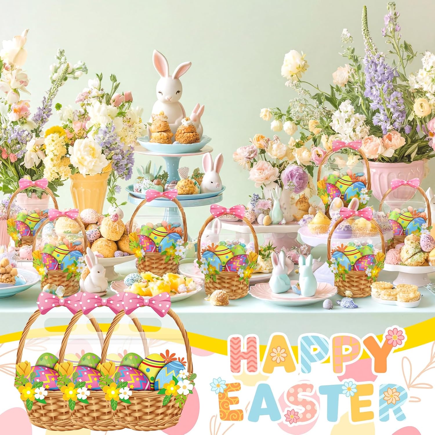 Eaasty 50 Pcs Easter Gift Bags Easter Basket Treat Bags with Handle Resealable Colorful Eggs Floral Bow Plastic Sealing Candy Pouches for Egg Hunt Holiday Party Candy Gift Wrap Supplies Decorations - Image 6