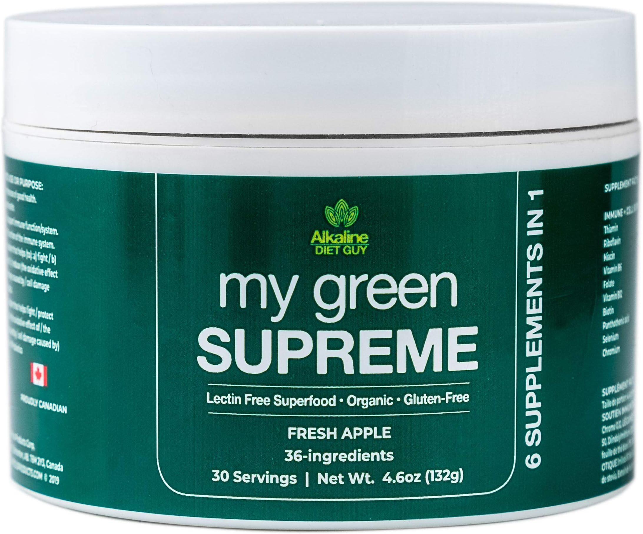 My Green Supreme Organic 6 in 1 Premium Superfood - Lectin Free and Gluten Free - 30 Servings (4.6 oz) - Fresh Apple Flavour - Enjoy in a Smoothie or Added to Any Drink