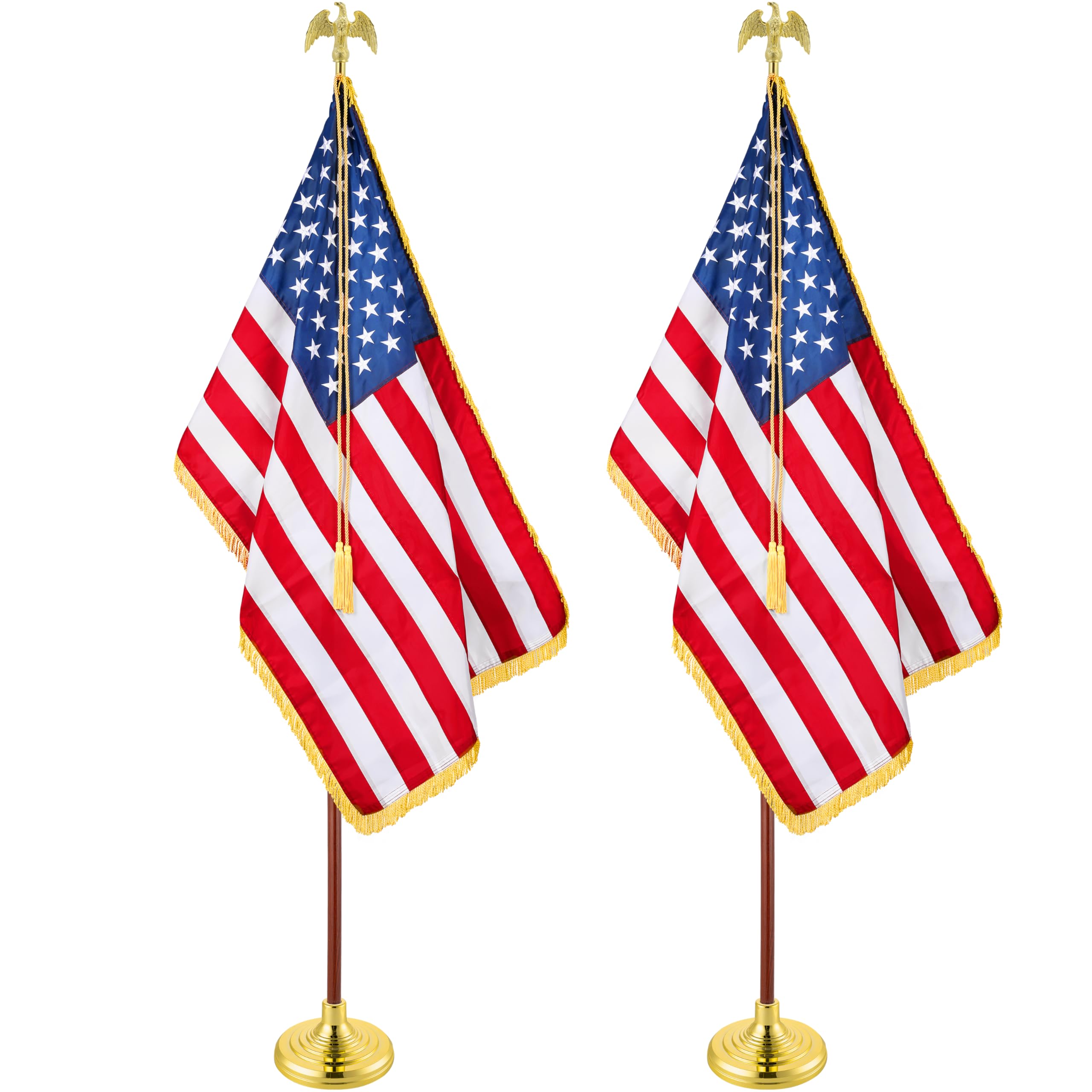 Two Pack 8 ft Indoor American Flag Pole Kits, Deluxe Presidential Office Flagpole Set, Premium Oak Pole, Eagle Topper, Embroidered US Flag, Gold Tassel, Prefect for Schools, Churches, Meeting, Party