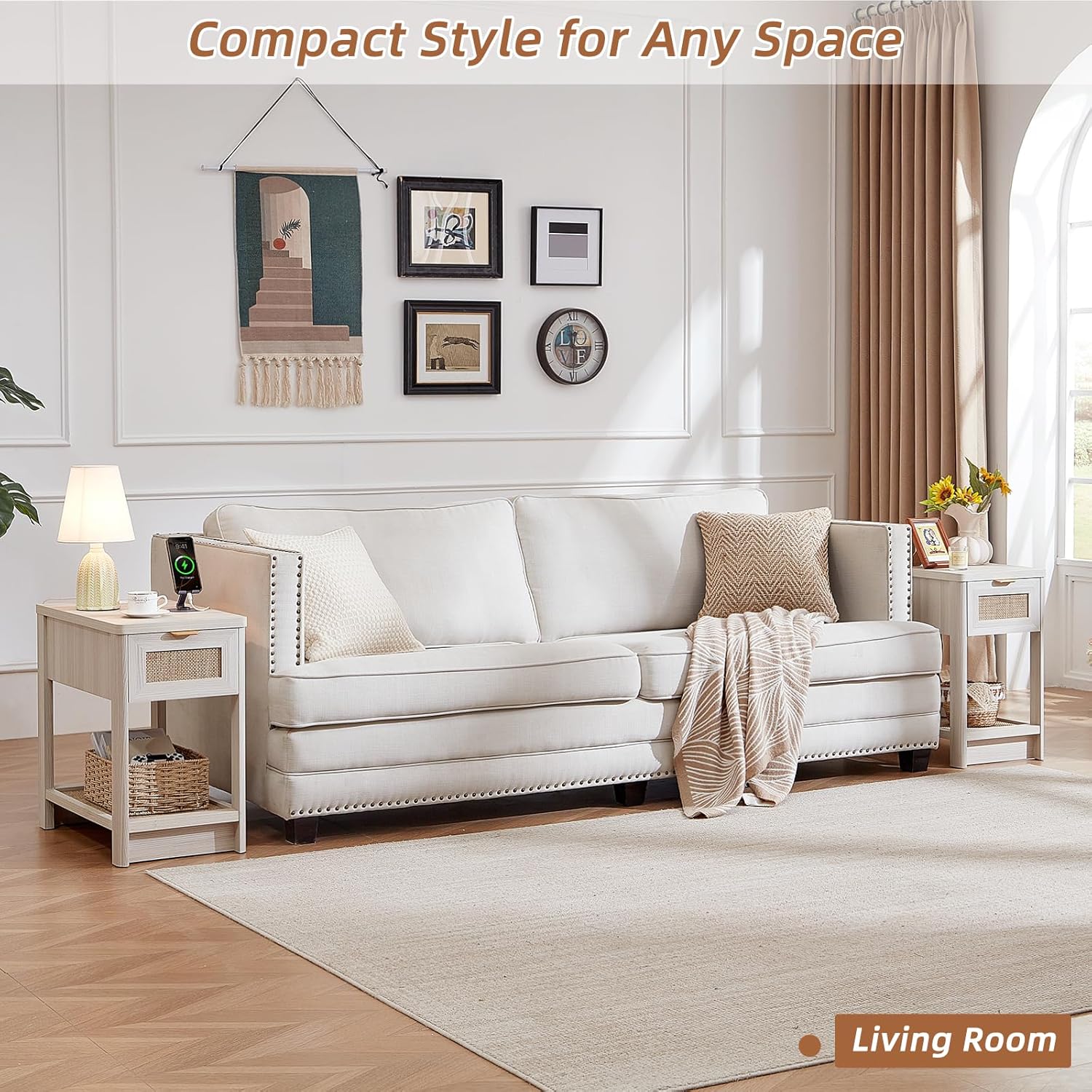 Lerliuo Narrow Night Stand with Charging Station, Boho Nightstand with Drawer, Bed Side End Table with Rattan Shelf for Small Spaces, Wood Nightstands Bedside Tables for Living Room Bedroom