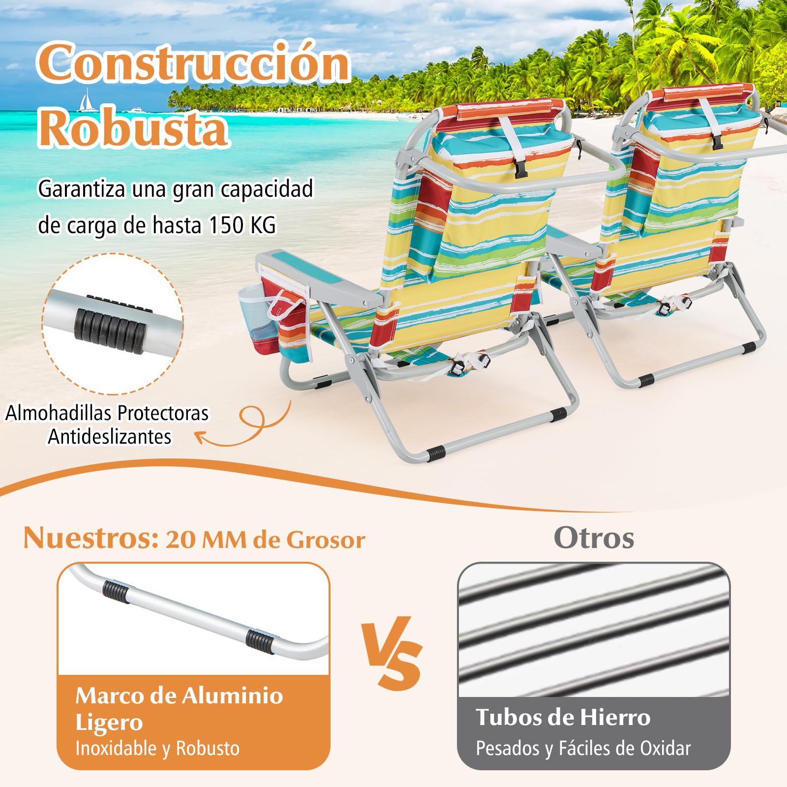 GIANTEX Silla de Playa Plegable con Bolsa de Almacenamiento, Bolsillos Laterales, Reposacabezas y Soporte para Toallas, Respaldo Ajustable 5 Niveles (2, Rayas Coloridas, 65 x 66 x 78 cm)