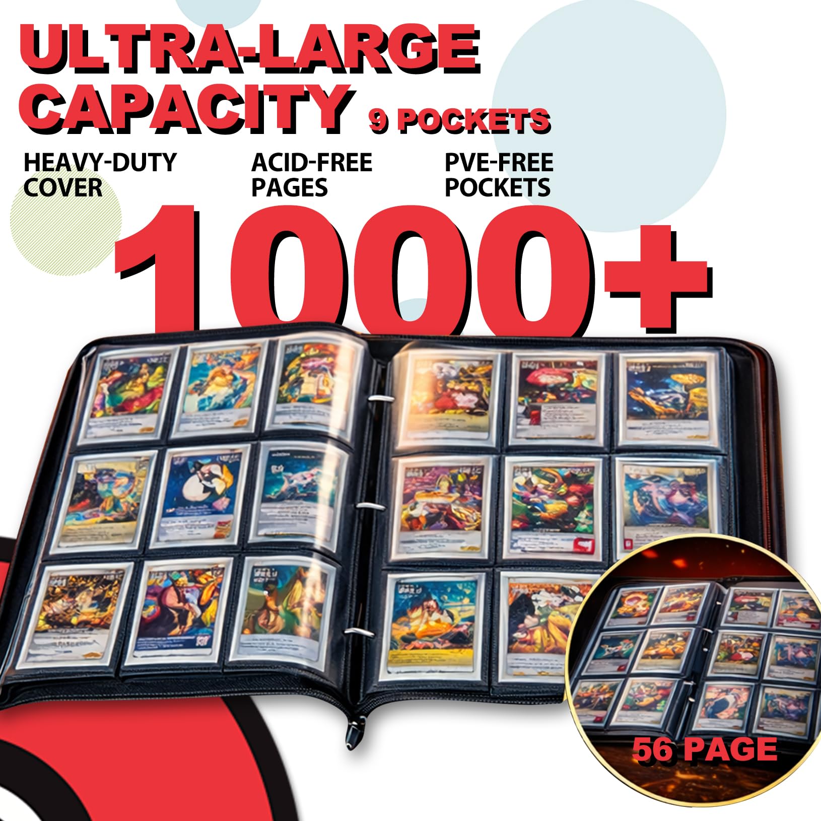 Raccoglitore per 1008 carte, 9 tasche, raccoglitore per carte collezionabili a 3 anelli, con maniche rimovibili da 56 pagine, ad alta capacità, impermeabile, porta carte collezionabili, per carte TCG