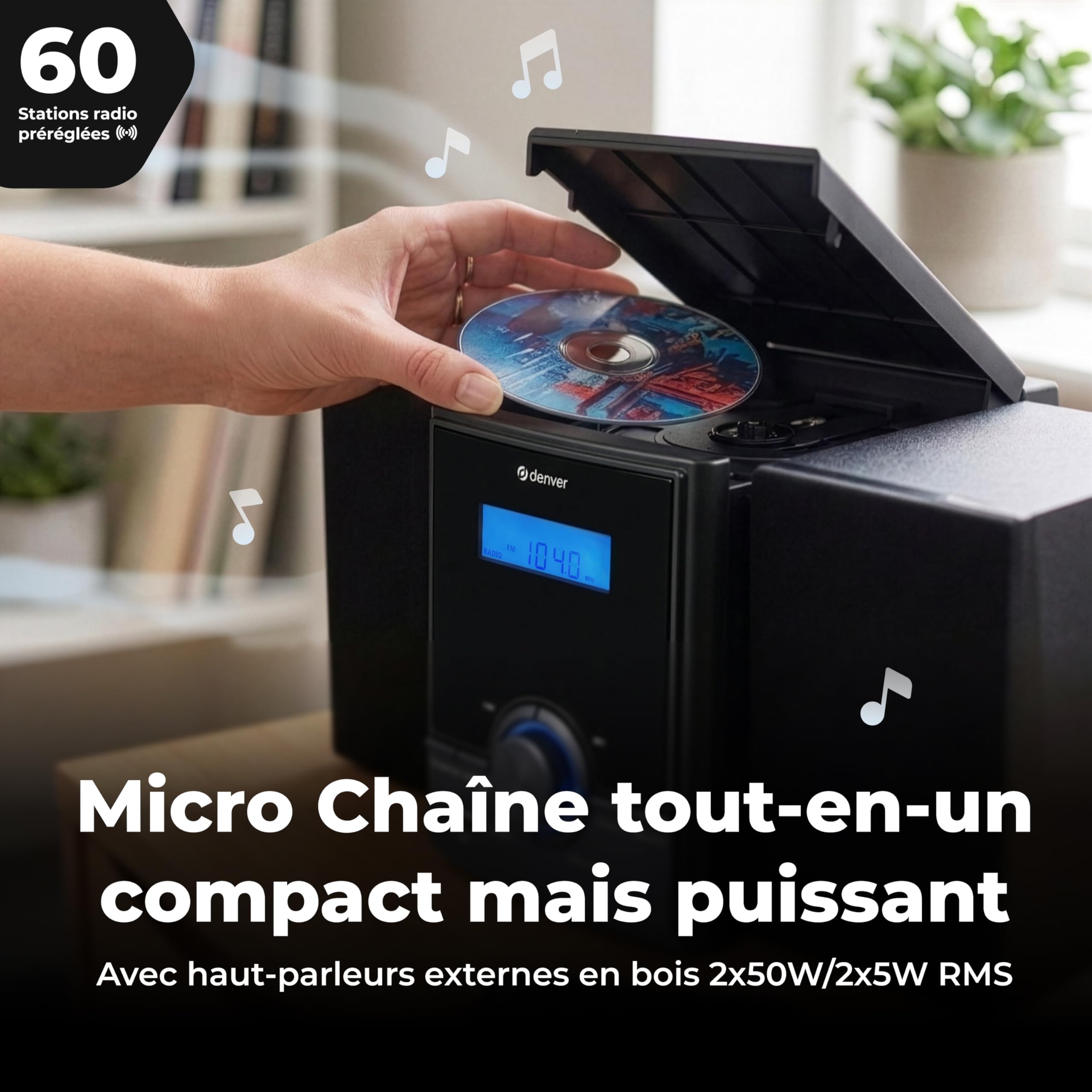 Denver MDA-285 Micro-chaîne Dab+/FM avec Bluetooth 5.0, CD, USB MP3, AUX, Double Alarme, 2 x 5 W RMS, télécommande | 2 x 50 W max, 2 x 5 W RMS, MP3, double alarme, minuterie de sommeil, télécommande, écran LCD