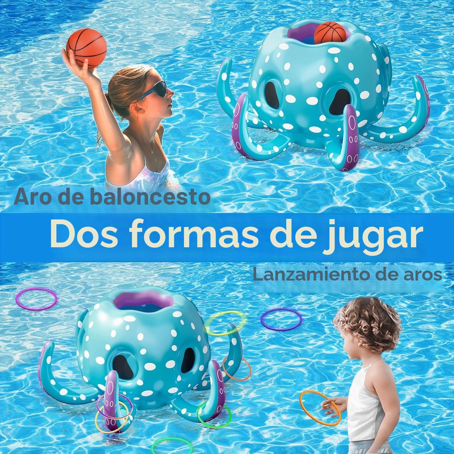 KAHEIGN 80CM Juguetes Inflables para Piscina con Pulpo Forma, 2 en 1 Juegos de Aro de Baloncesto y Lanzamiento de Aros - Juego de Agua Flotante Inflable para Verano Lago Playa Agua Juego Fiesta Regalo