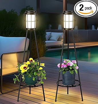 2 Pack Solar Lights with Plant Stand, Outdoor Floor Lamps, Waterproof Solar Powered Floor Lamps for Patio Deck Porch Yard Garden Decor