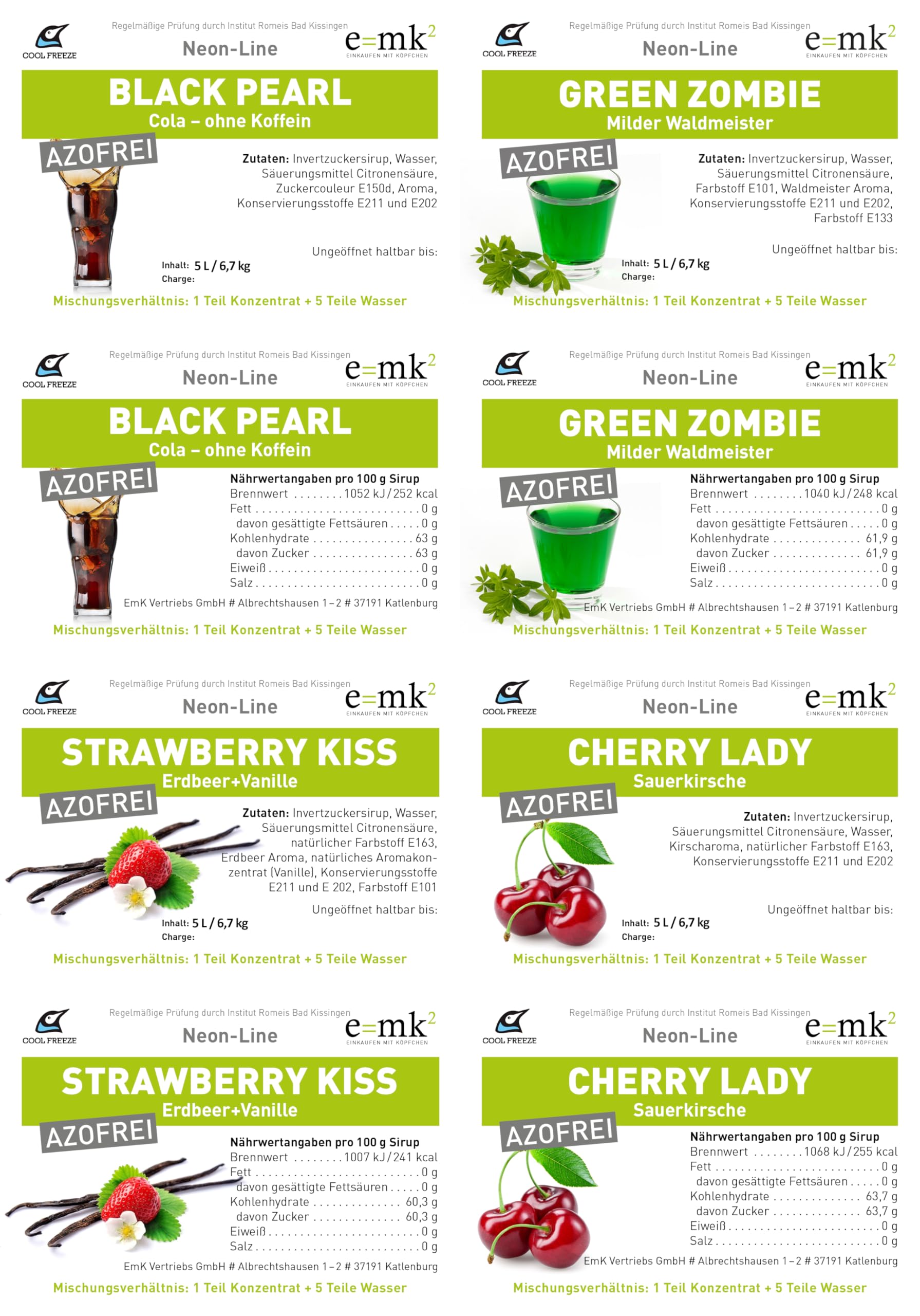 Slush-Sirup Eis 4×5 L Mix-Set – Cola, Waldmeister, Kirsche & Erdbeere | Konzentrat | Azo und Glycerin frei | Angebot-Set | Perfekt für Ninja Slushy Maschine