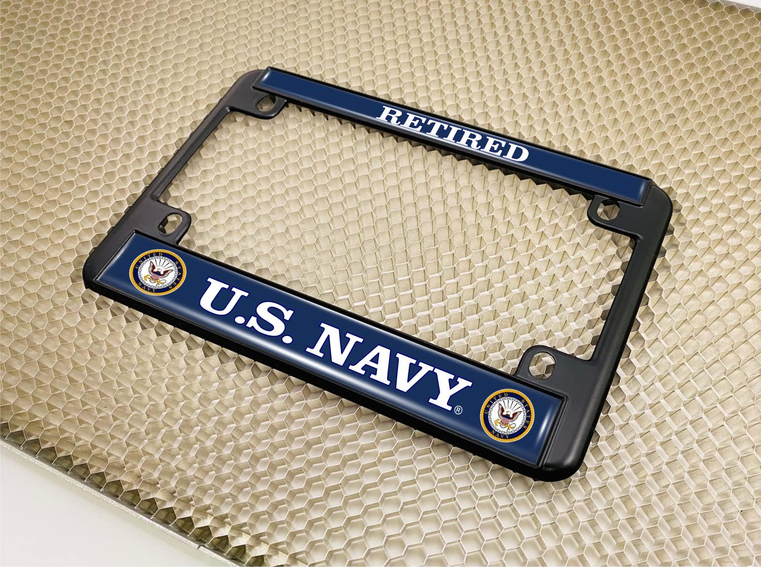 [Officially Licensed Product] - Motorcycle Domed Custom-Made Personalized Metal License Plate Frame with Retired US Navy Eagle, Anchor Logo Design - Black