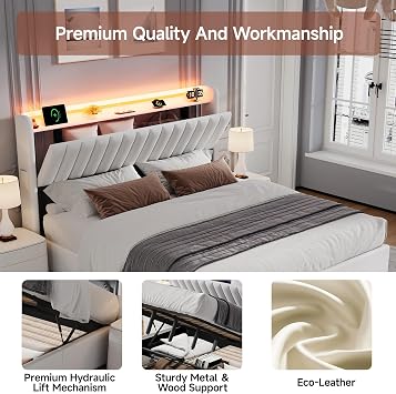Double Bed Frame with Storage, 4ft6 Ottoman Bed Frame with Headboard & Hydraulic, Upholstered Bed with LED-Lighting & Charging-Station, PU, 135x190cm, White, No Mattress (White, 135 x 190 cm)