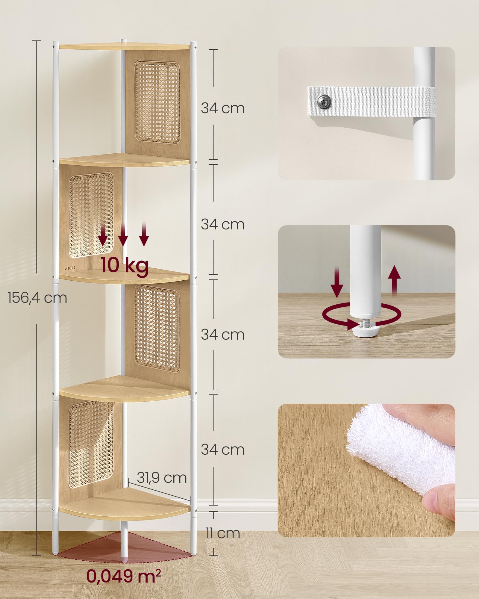 VASAGLE Regał narożny 5-poziomowy z rattanowymi panelami bocznymi, półką stojącą, metalową ramą do salonu, sypialni, gabinetu, kuchni, 30,5 cm x 30,5 cm x 150 cm, dąb beżowy LLS588Y57