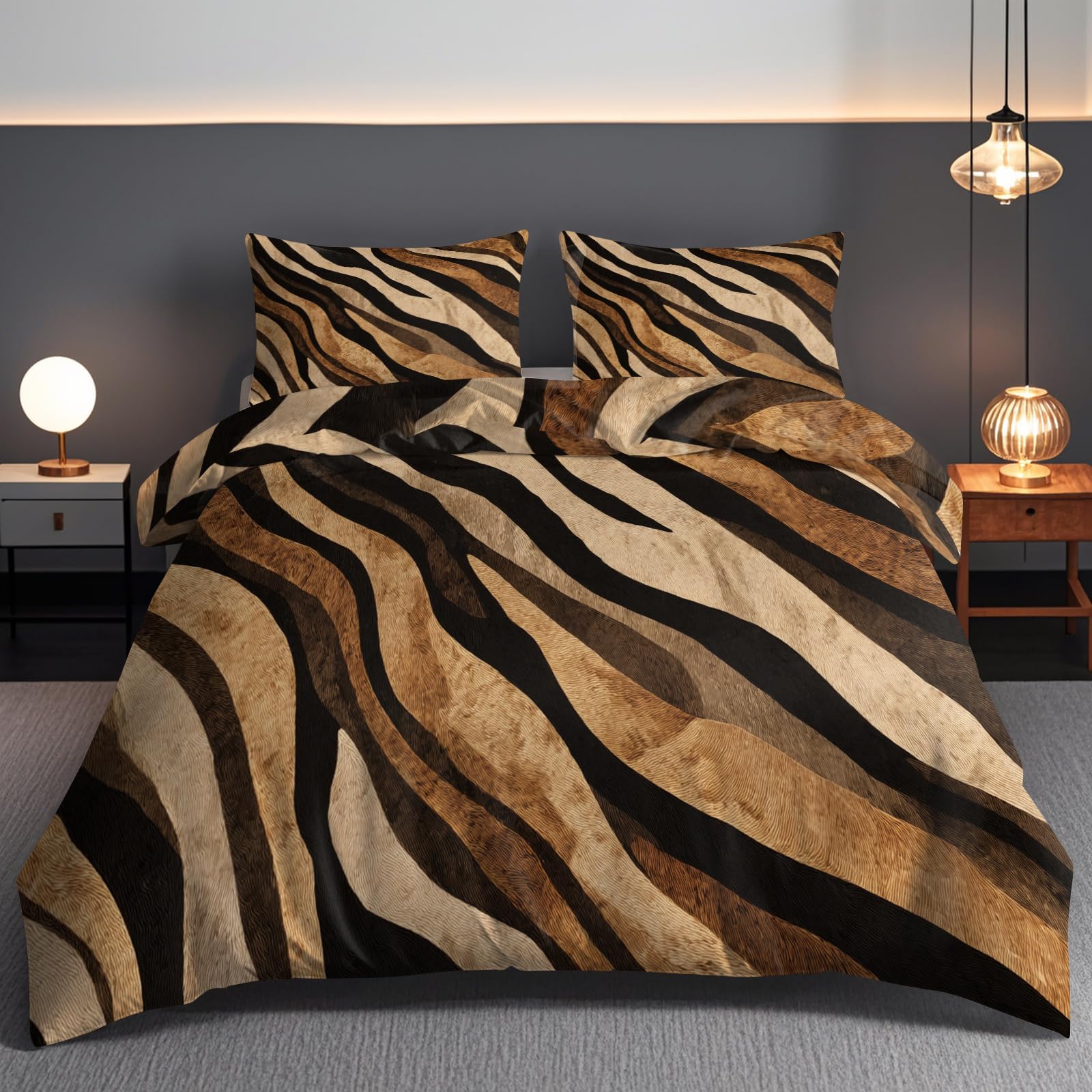 Brown Zebra Stripe Duvet Cover Set Soft Microfiber single XL Comforter Cover Retro Animal Print Quilt Bedding Set with Hidden Zipper Closure And Comforter Cover Pillowcase